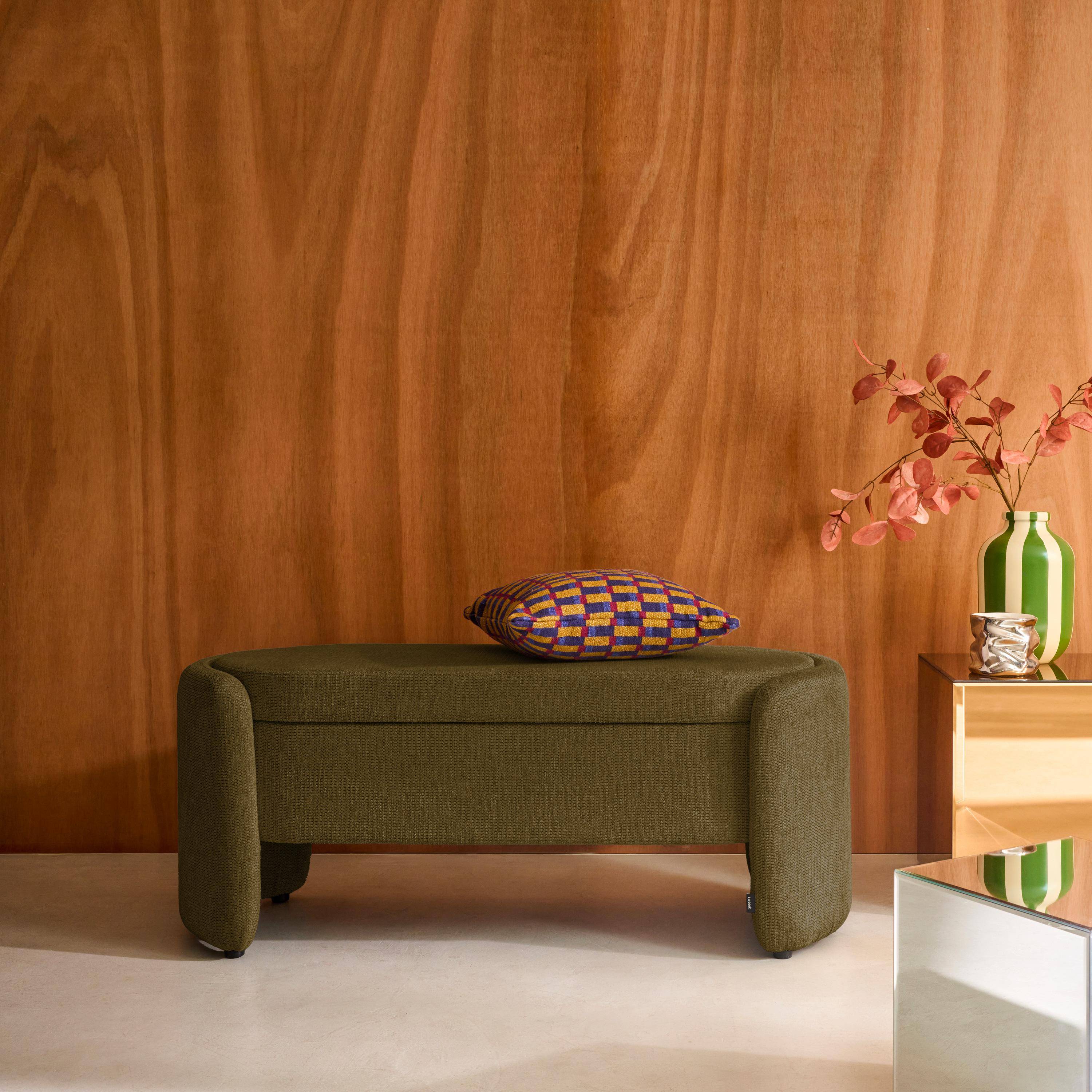 Panca contenitore, fondo letto contemporaneo in tessuto Verde kaki - 110x42x45 cm Photo1