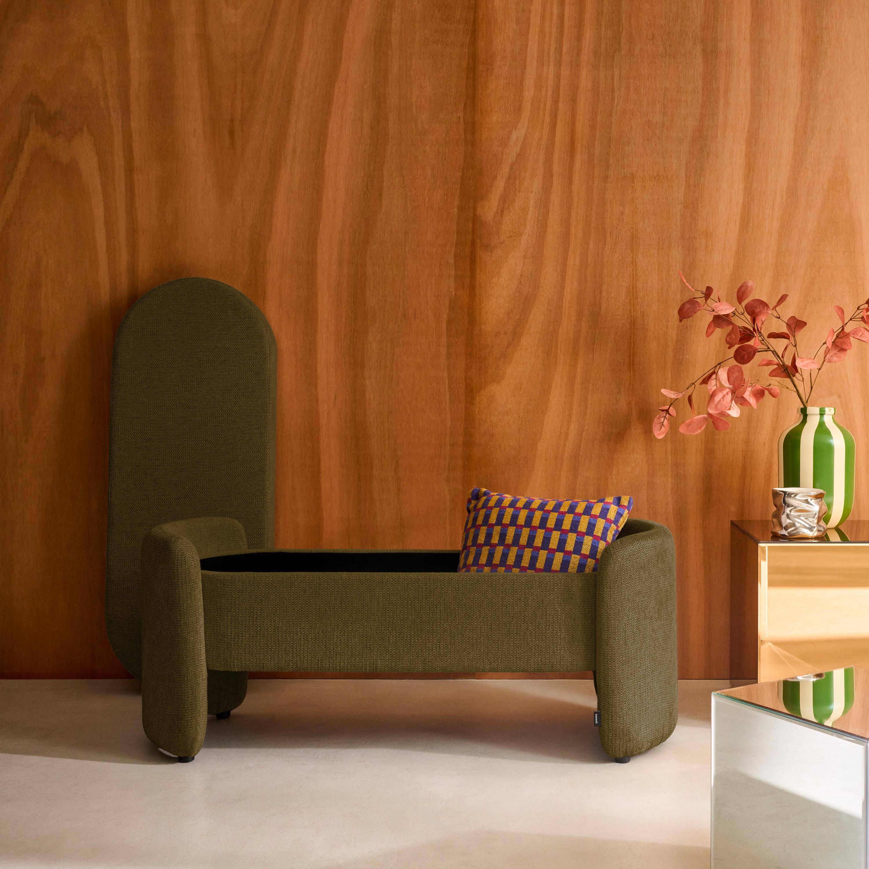 Panca contenitore, fondo letto contemporaneo in tessuto Verde kaki - 110x42x45 cm Photo3