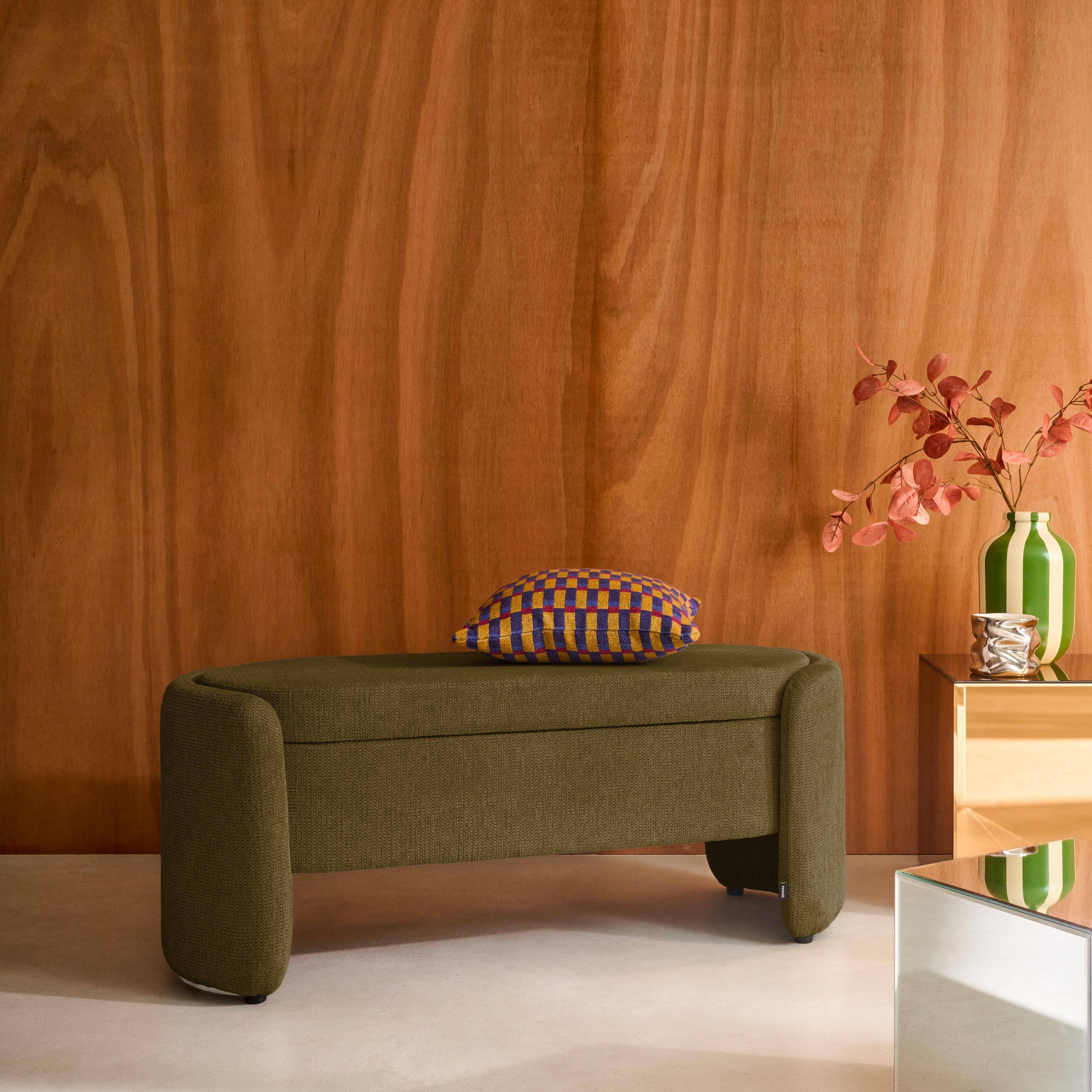 Panca contenitore, fondo letto contemporaneo in tessuto Verde kaki - 110x42x45 cm,sweeek,Photo2