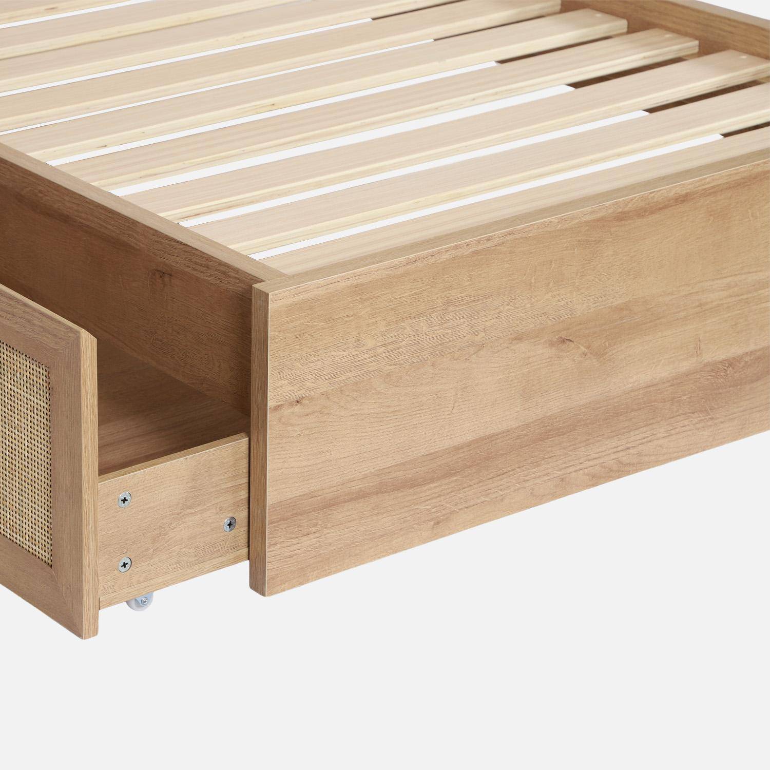 Lit bohème avec sommier à lattes et tête de lit 90 x 190cm + 2 tiroirs décor bois et cannage naturel - Bohème,sweeek,Photo4