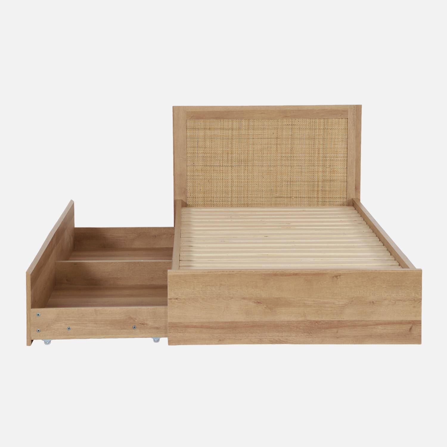 Lit bohème avec sommier à lattes et tête de lit 90 x 190cm + 2 tiroirs décor bois et cannage naturel - Bohème,sweeek,Photo4