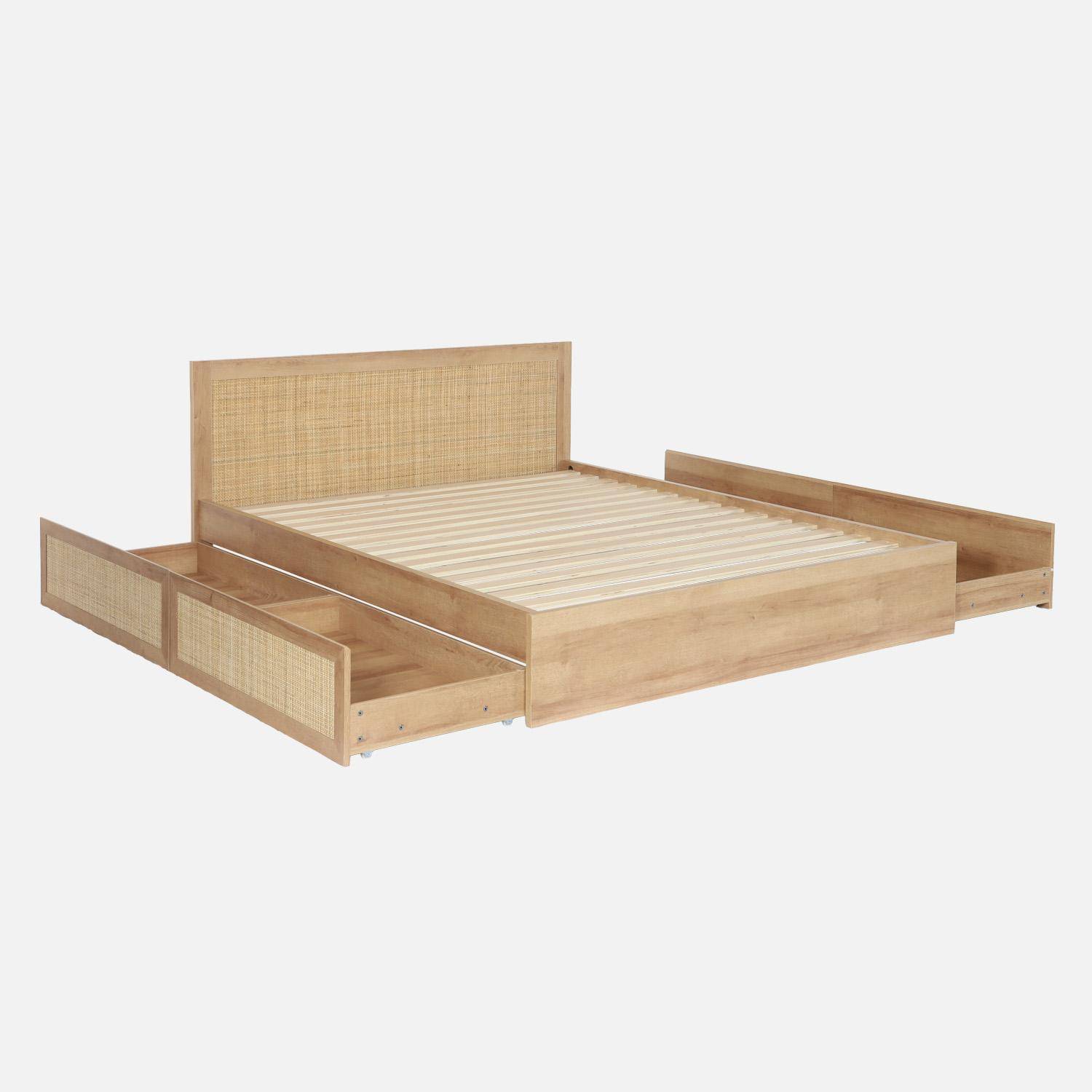 Lit bohème avec sommier à lattes et tête de lit 160 x 200cm + 4 tiroirs décor bois et cannage naturel - Bohème,sweeek,Photo2