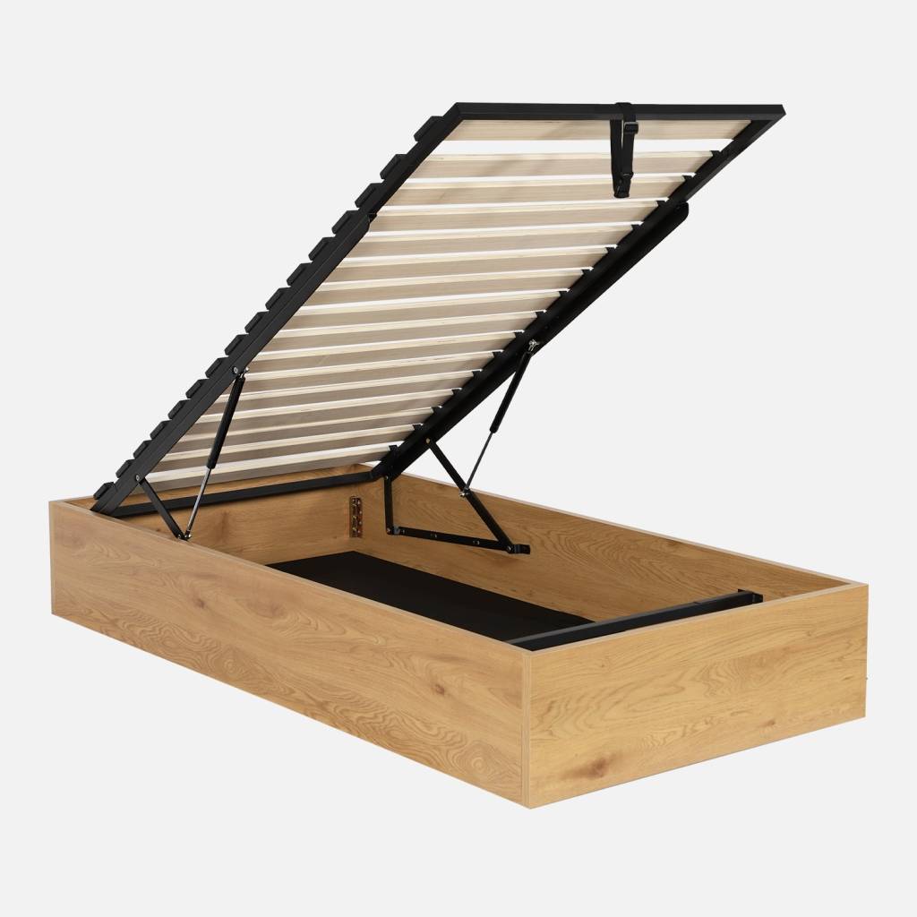 Letto contenitore con rete a doghe 90x190cm decorazione legno, Quercia