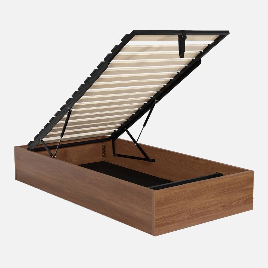 Letto contenitore con rete a doghe 90x190cm decorazione legno, Noce