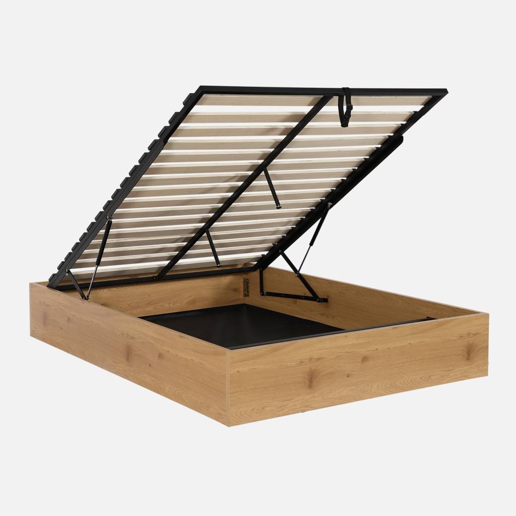 Letto contenitore con rete a doghe 140x190cm decorazione legno, Quercia