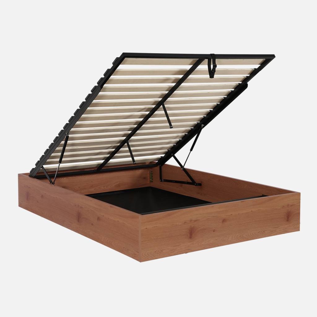 Letto contenitore con rete a doghe 140x190cm decorazione legno, Noce