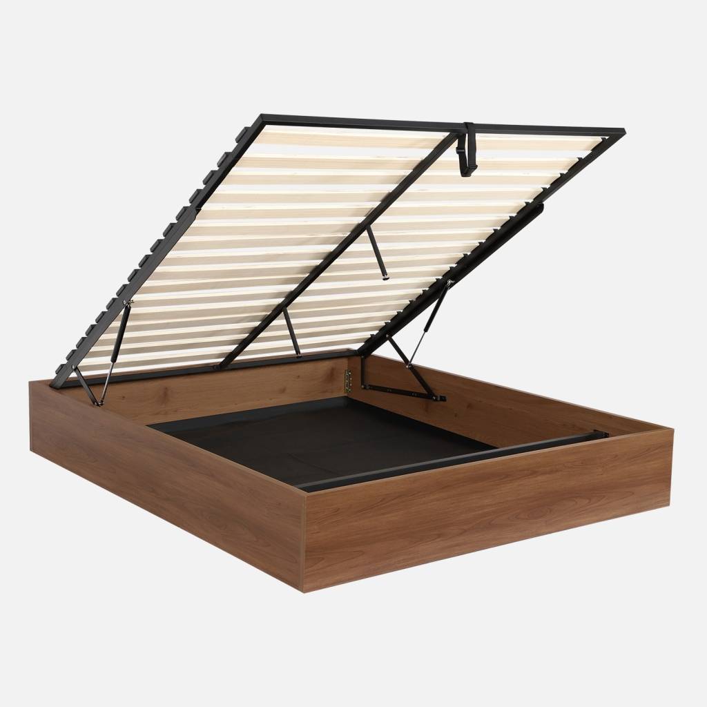 Letto contenitore con rete a doghe 160x200cm decorazione legno, Noce