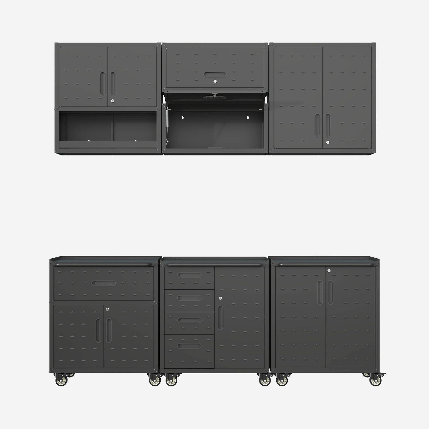 Meubles de rangement pour garage 6 modules en acier, meuble haut et meuble bas noir - Bobby,sweeek,Photo2