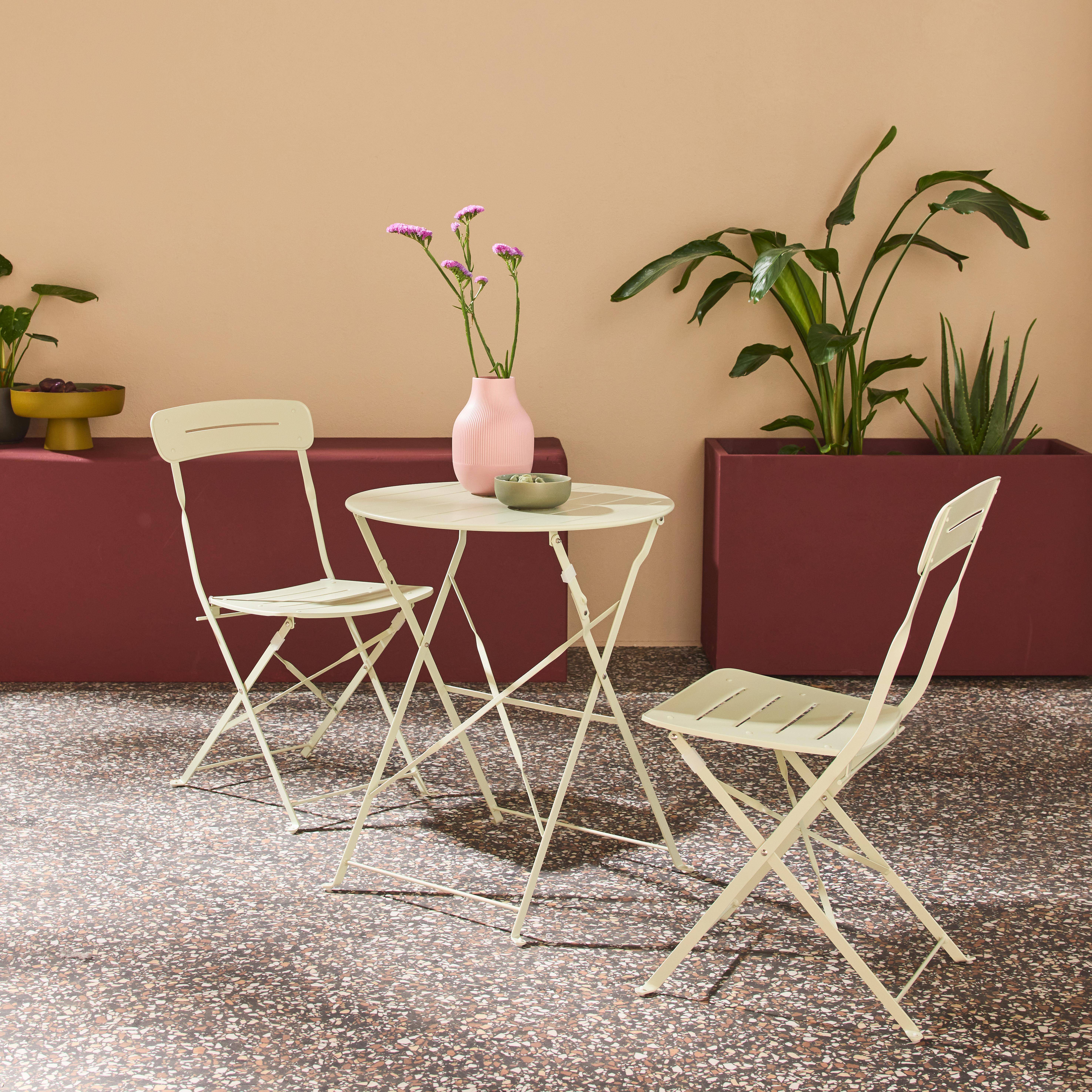 Round bistro garden table, steel, folding + 2 chairs, green 42.5x53x82 cm - Balconea Photo1