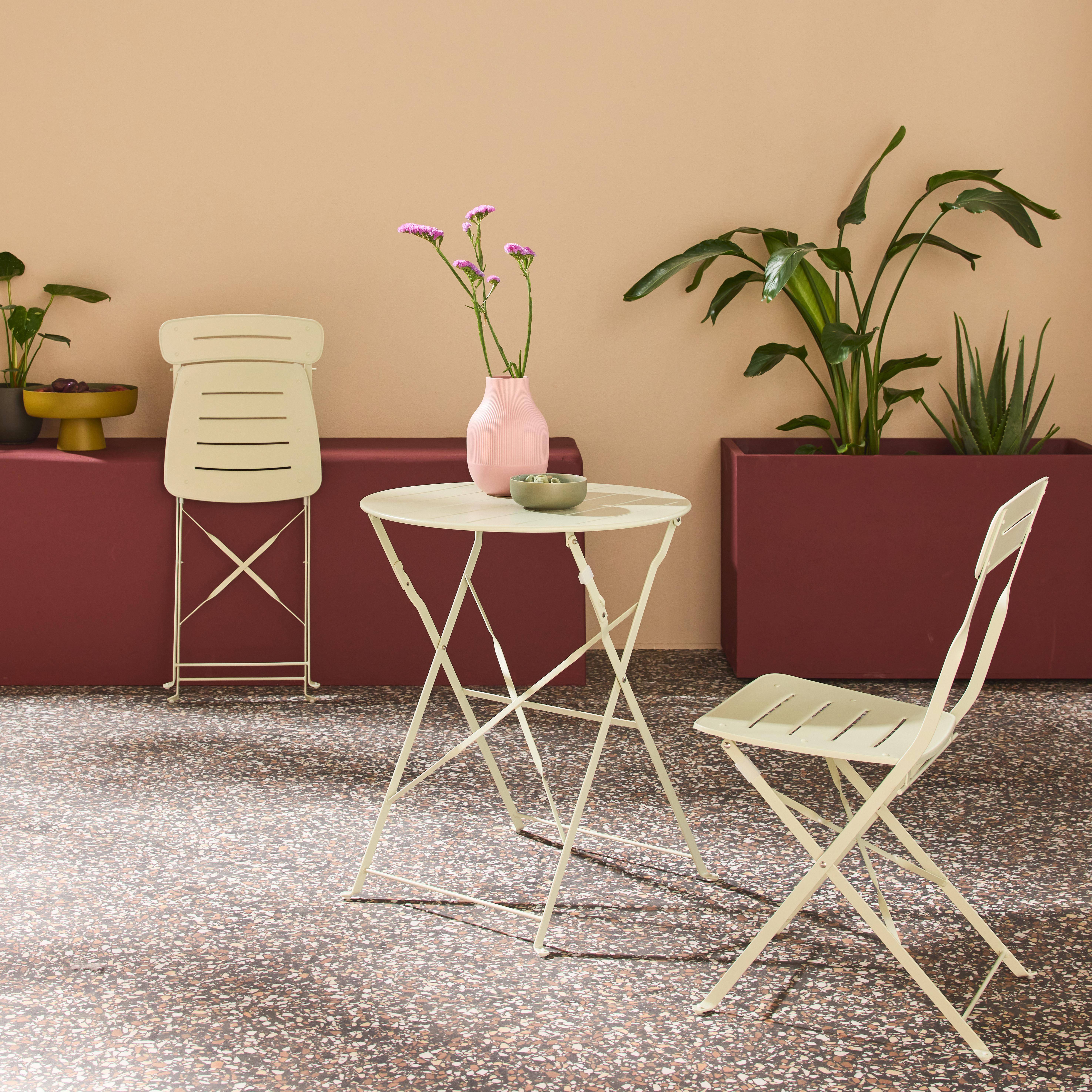 Round bistro garden table, steel, folding + 2 chairs, green 42.5x53x82 cm - Balconea,sweeek,Photo4