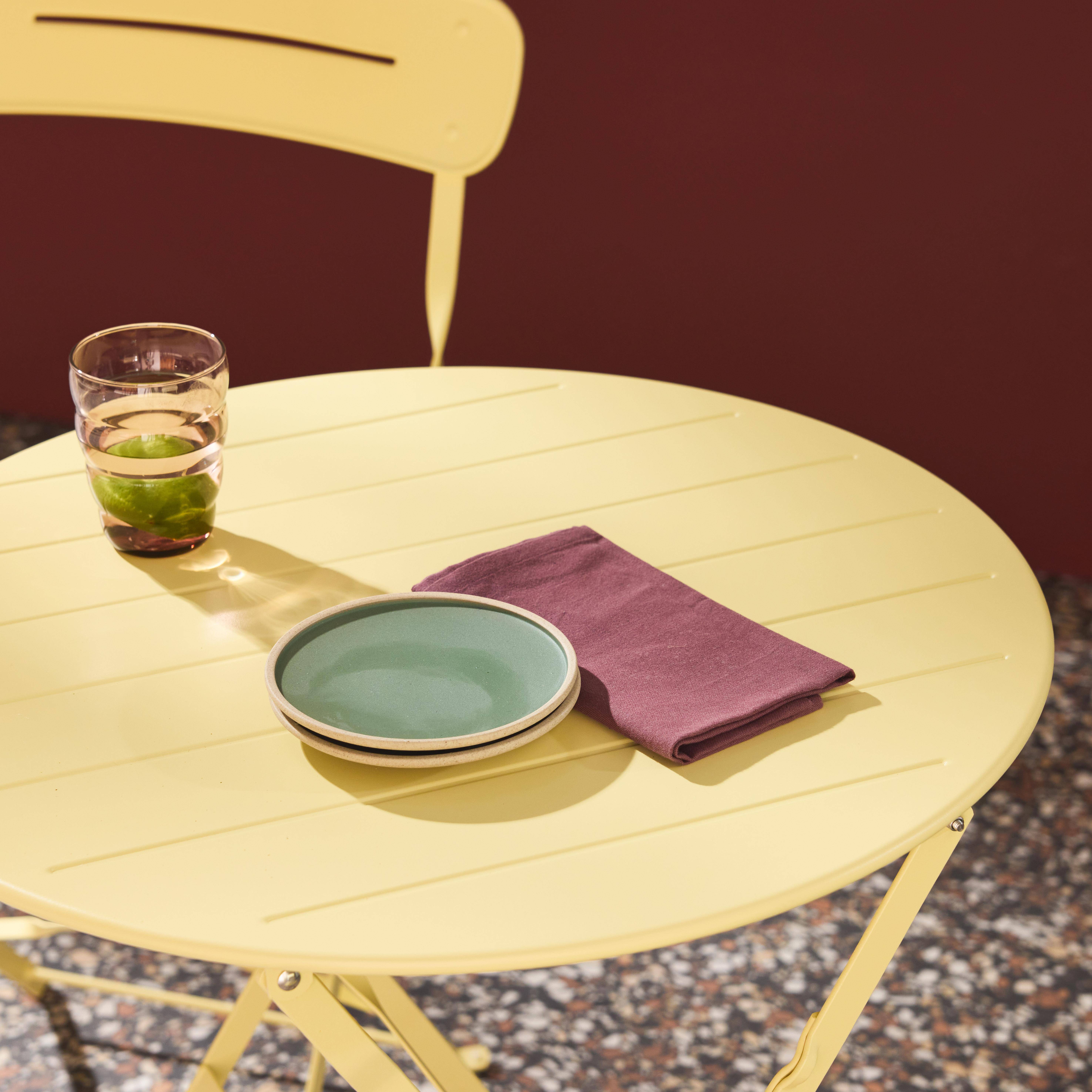 Round bistro garden table, steel, folding + 2 chairs, yellow 42.5x53x82 cm - Balconea,sweeek,Photo2