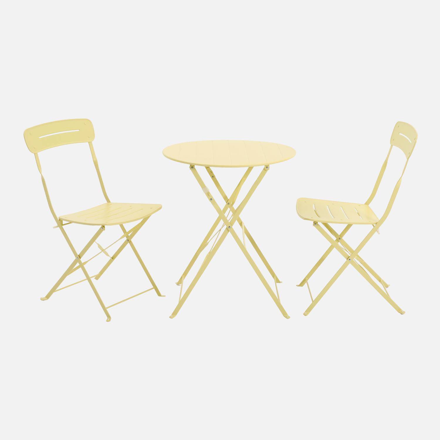Table de jardin bistrot pliante ronde acier + 2 assises jaune - Balconea Photo2