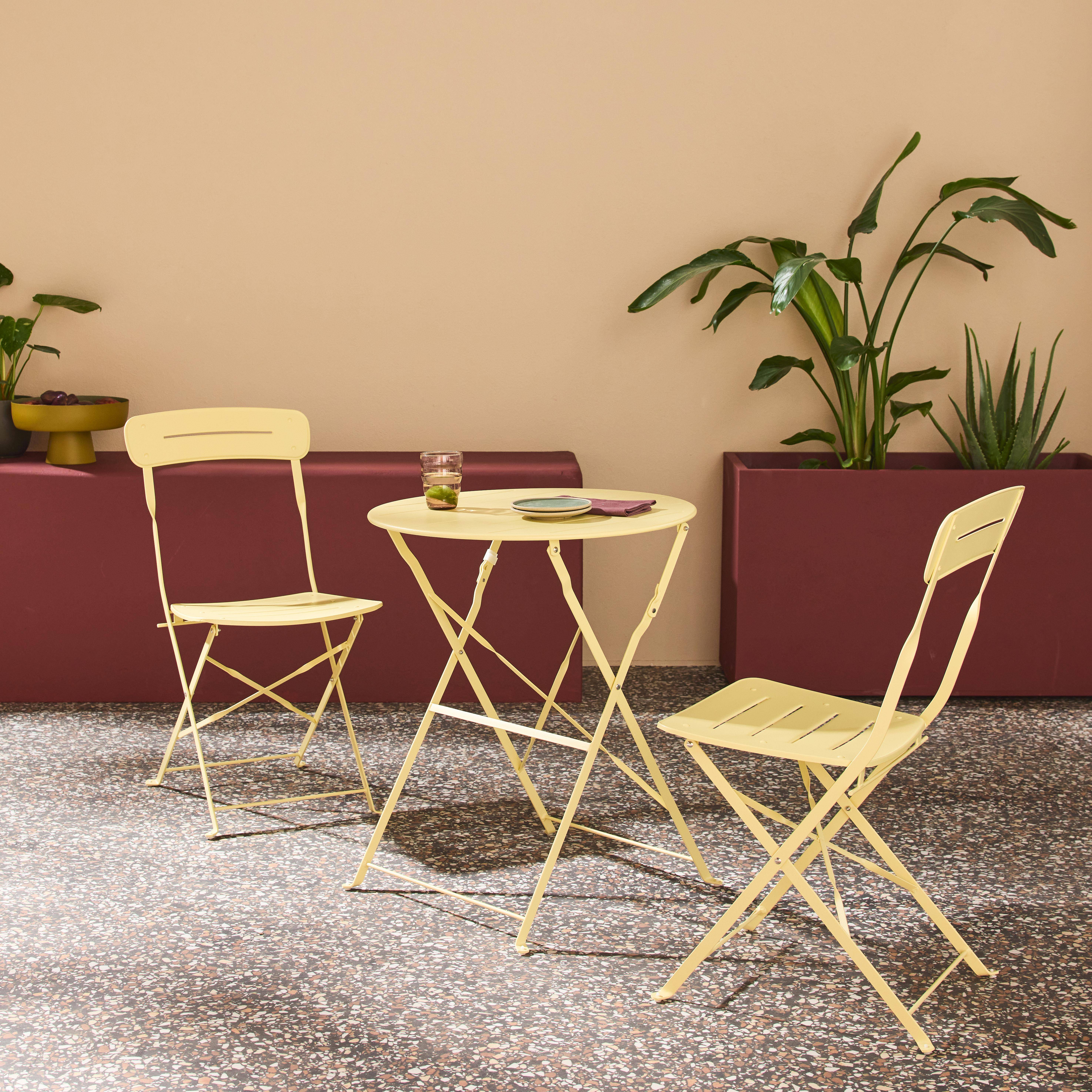 Round bistro garden table, steel, folding + 2 chairs, yellow 42.5x53x82 cm - Balconea Photo1