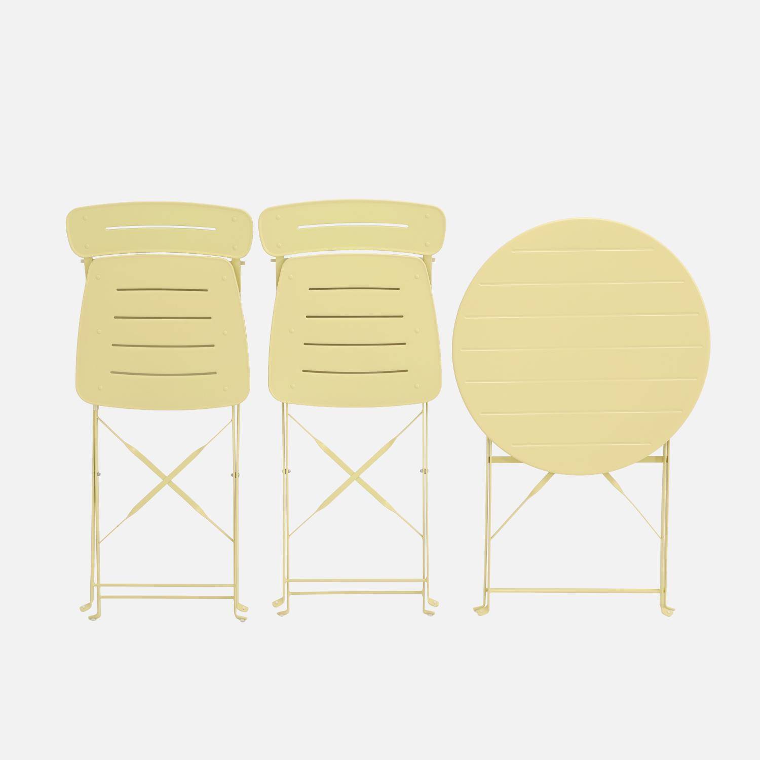 Round bistro garden table, steel, folding + 2 chairs, yellow 42.5x53x82 cm - Balconea,sweeek,Photo7
