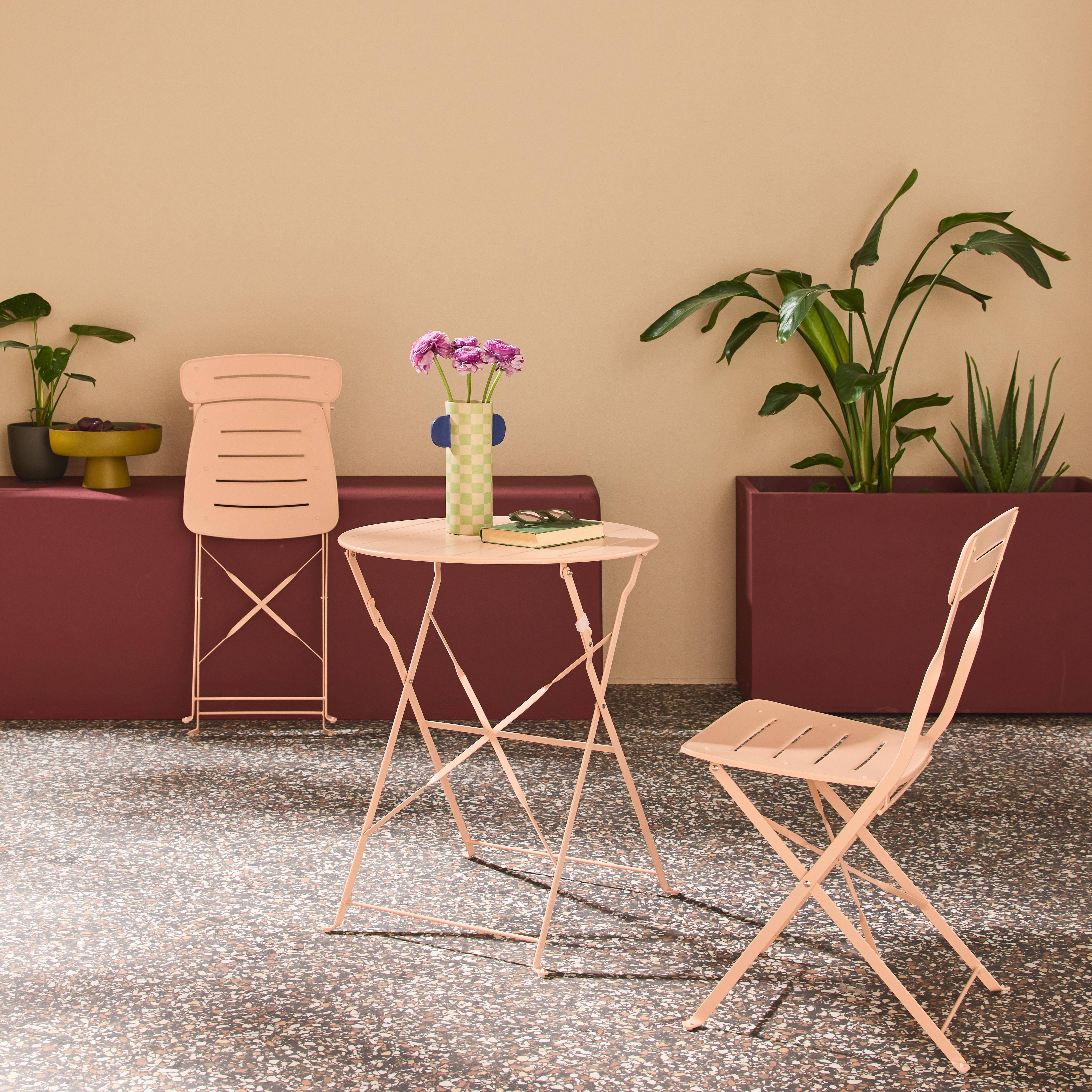 Round bistro garden table, steel, folding + 2 chairs, pink 42.5x53x82 cm - Balconea Photo4