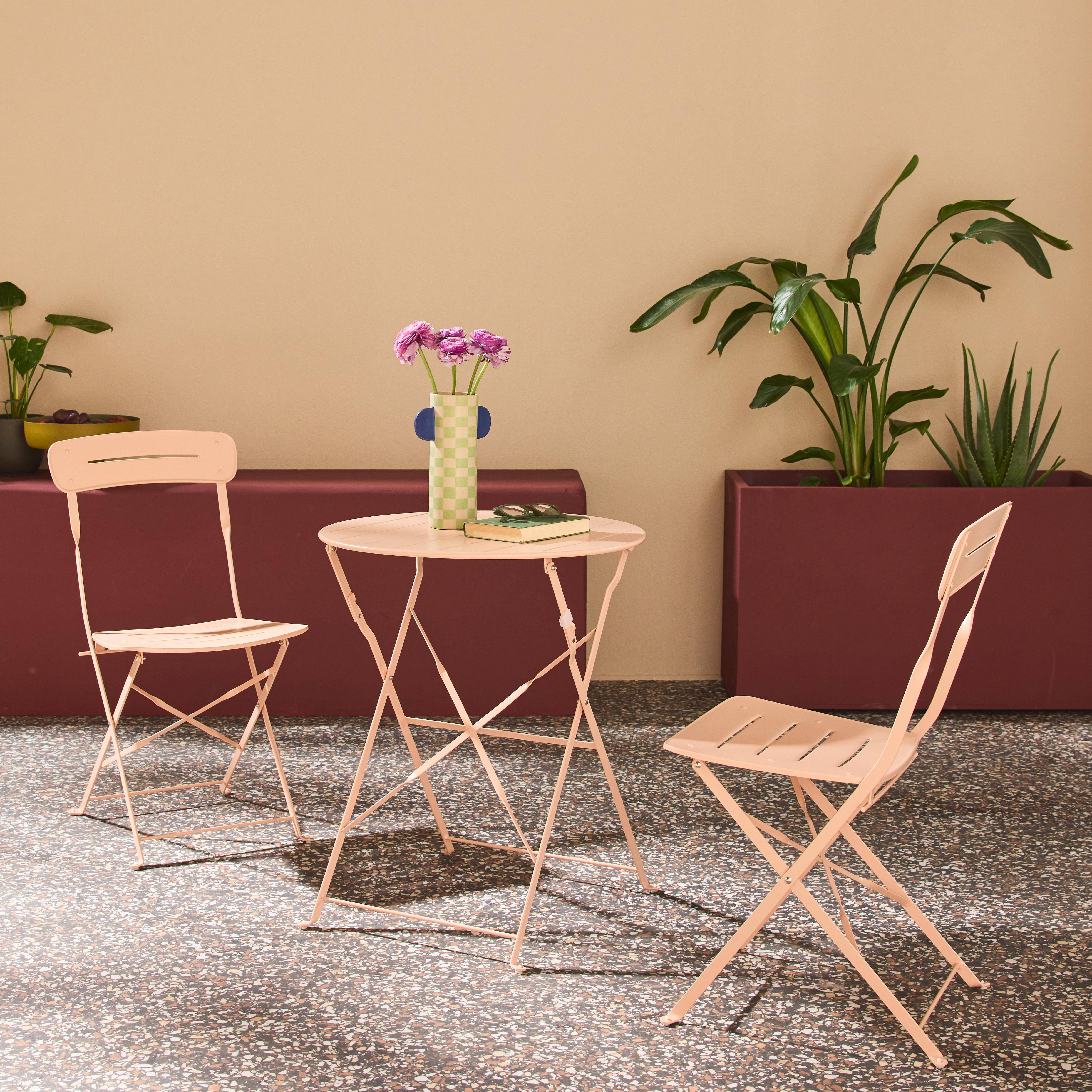 Round bistro garden table, steel, folding + 2 chairs, pink 42.5x53x82 cm - Balconea Photo1