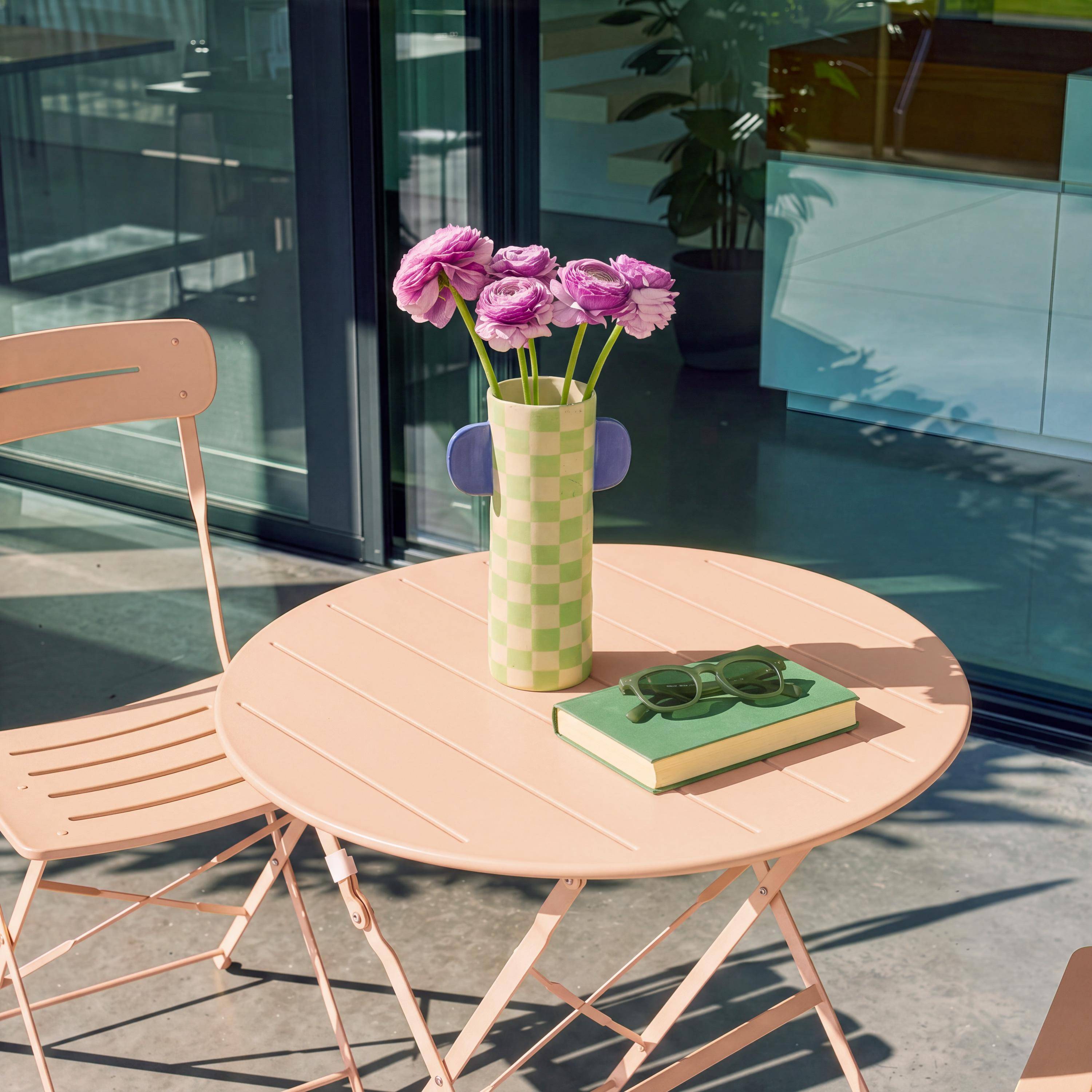  Set mesa de jardín bistró plegable redonda de acero con 2 sillas Rosa - 42.5x53x82 cm,sweeek,Photo3