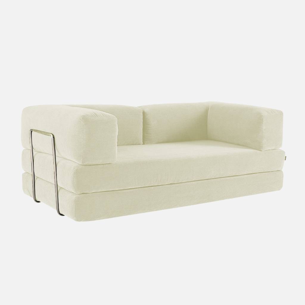 Canapé vintage convertible 3 places velours côtelé lin et armatures chromées