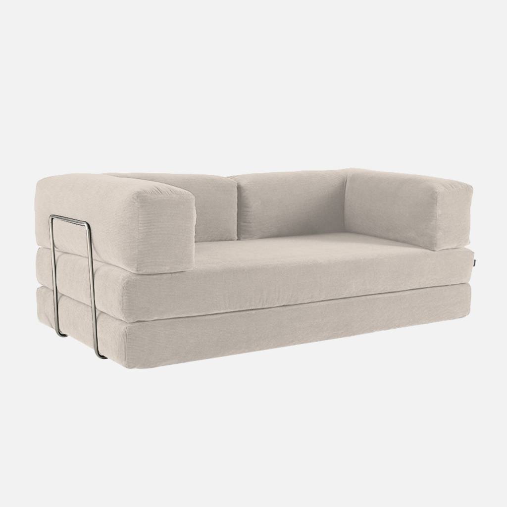 Canapé vintage convertible 3 places velours côtelé lin et armatures chromées