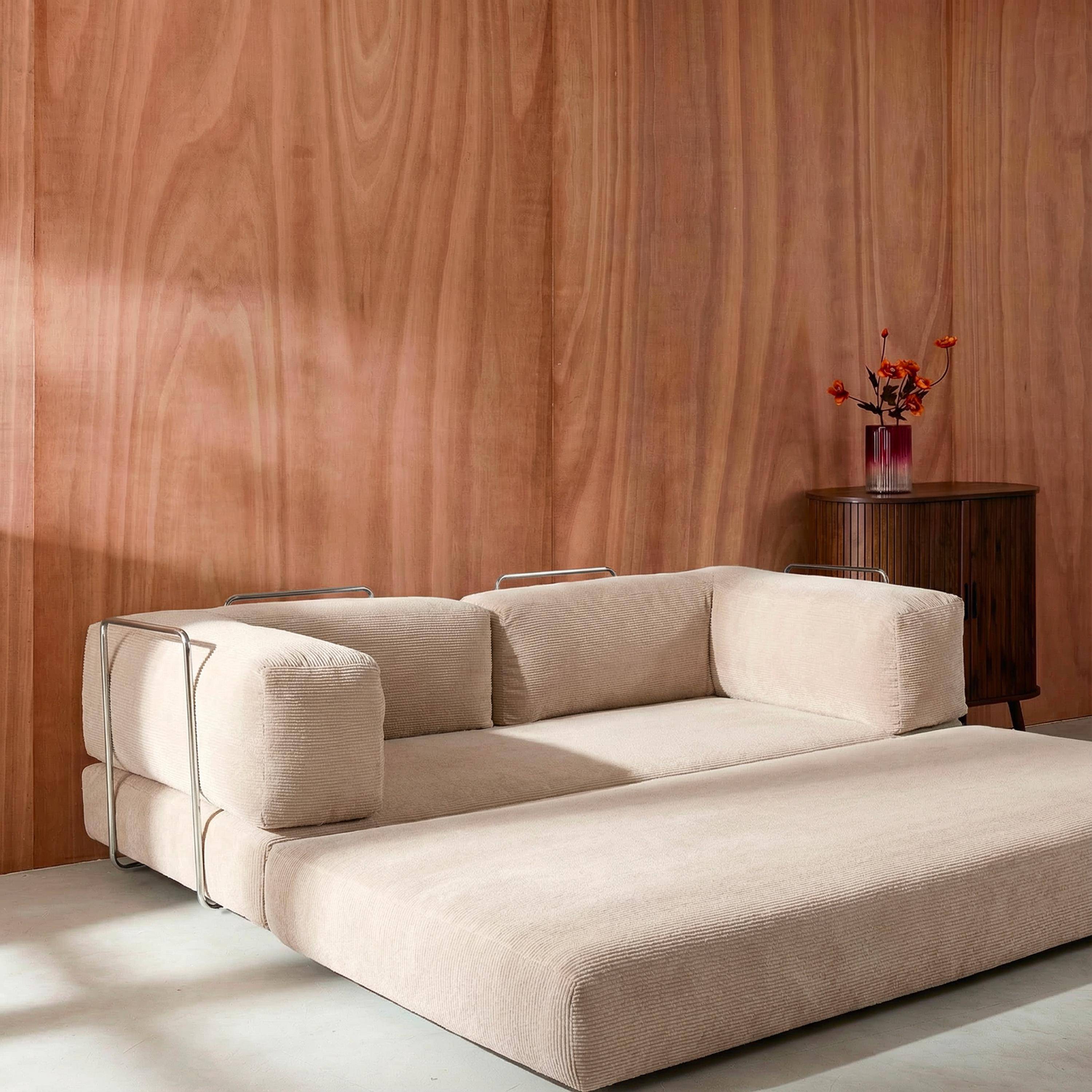 Canapé vintage convertible 3 places en velours côtelé lin et armatures chromées L 200 x P 100 x H 72cm - Seventies,sweeek,Photo3