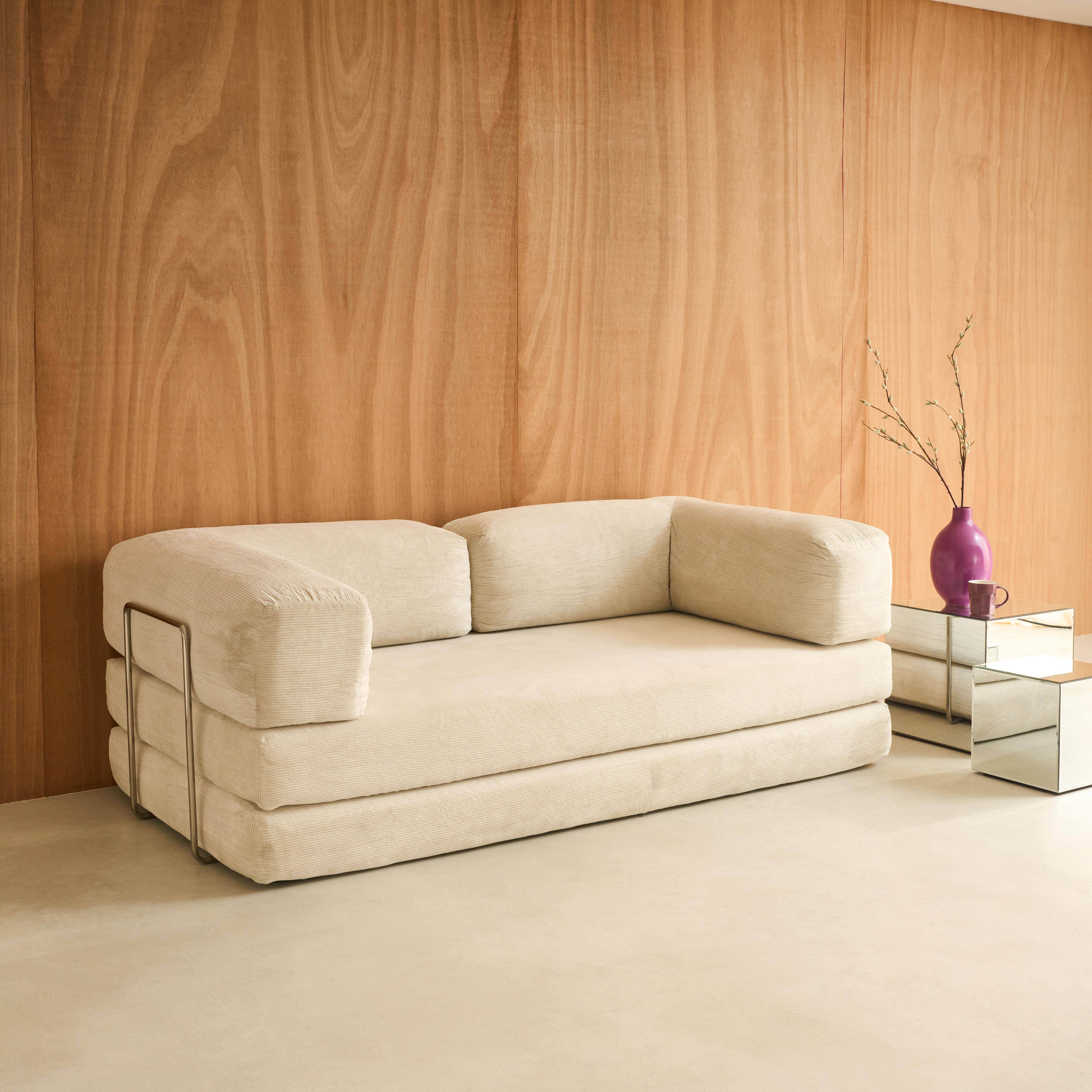 Vintage slaapbank driezits in corduroy met chromen frame gebroken wit 200x100x72cm - Seventies,sweeek,Photo2