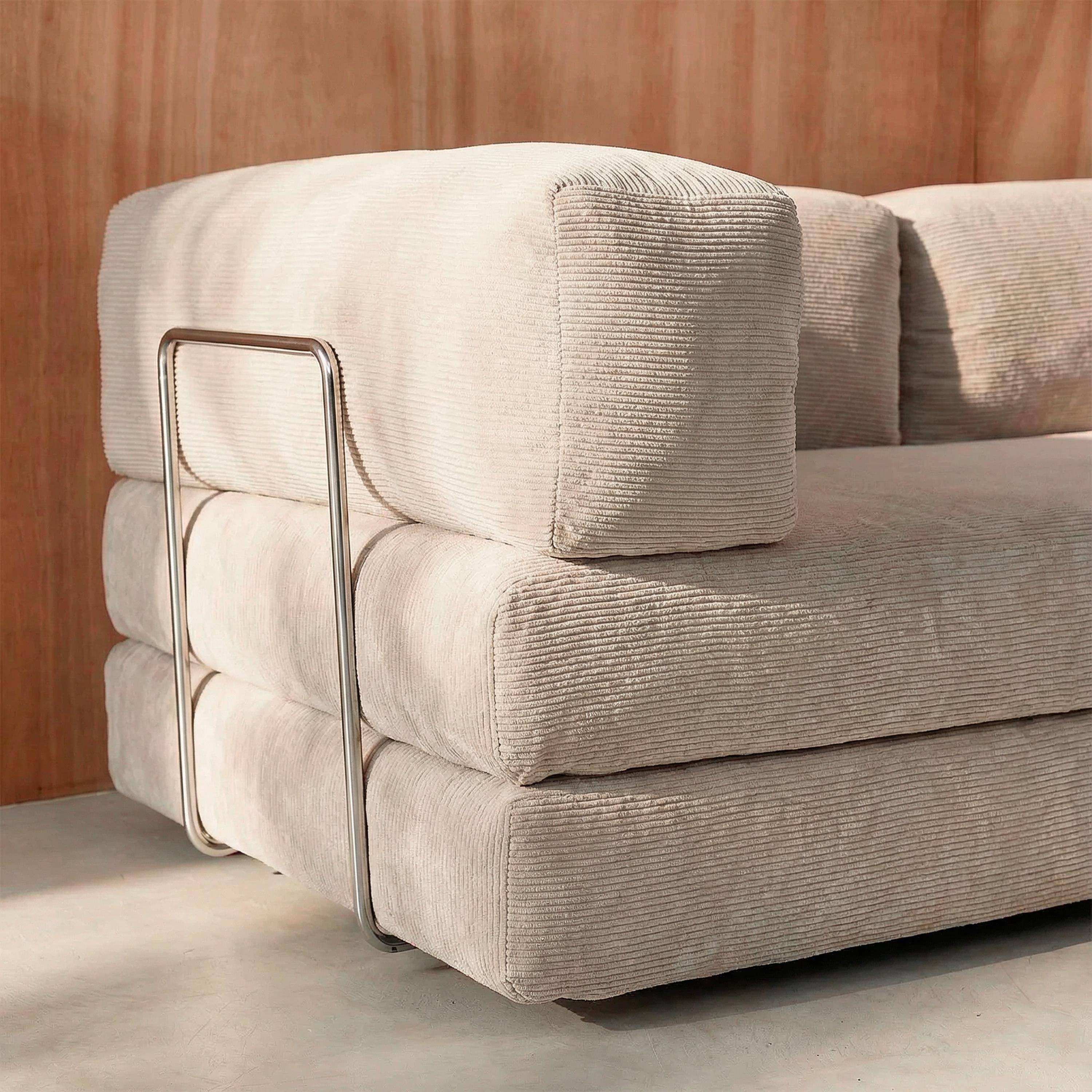 Canapé vintage convertible 3 places en velours côtelé lin et armatures chromées L 200 x P 100 x H 72cm - Seventies Photo2