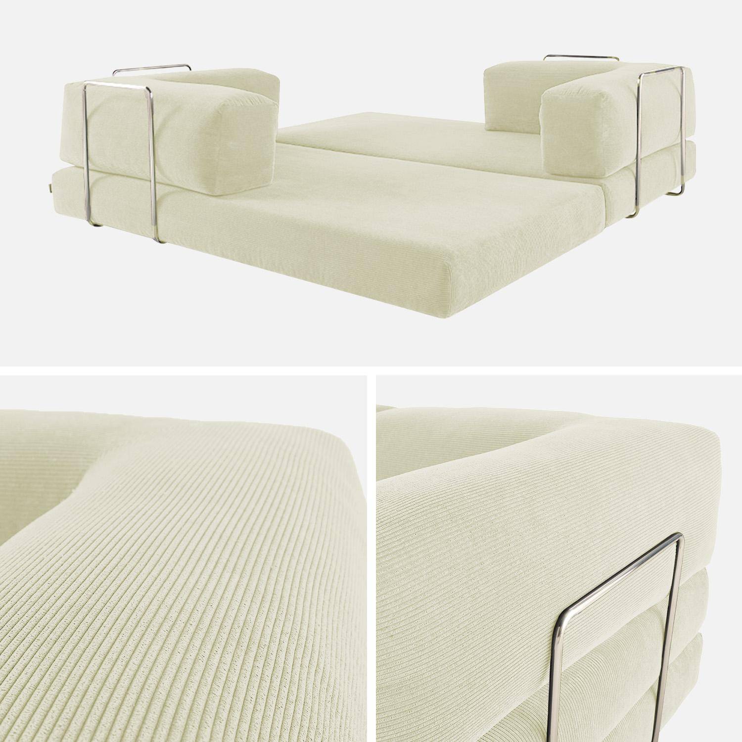 Canapé vintage convertible 3 places en velours côtelé blanc cassé et armatures chromées L 200 x P 100 x H 72cm - Seventies,sweeek,Photo14