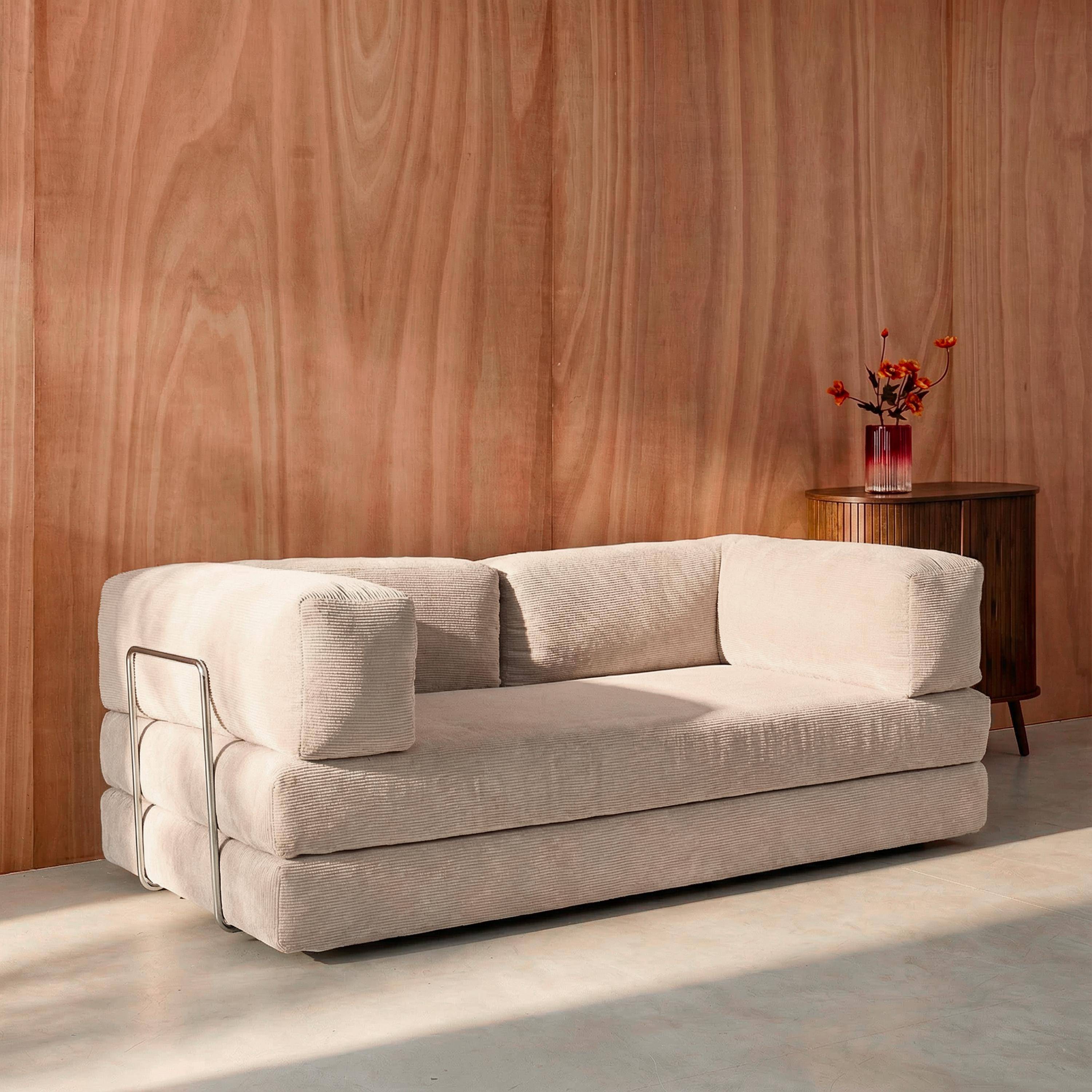 Canapé vintage convertible 3 places en velours côtelé lin et armatures chromées L 200 x P 100 x H 72cm - Seventies,sweeek,Photo1