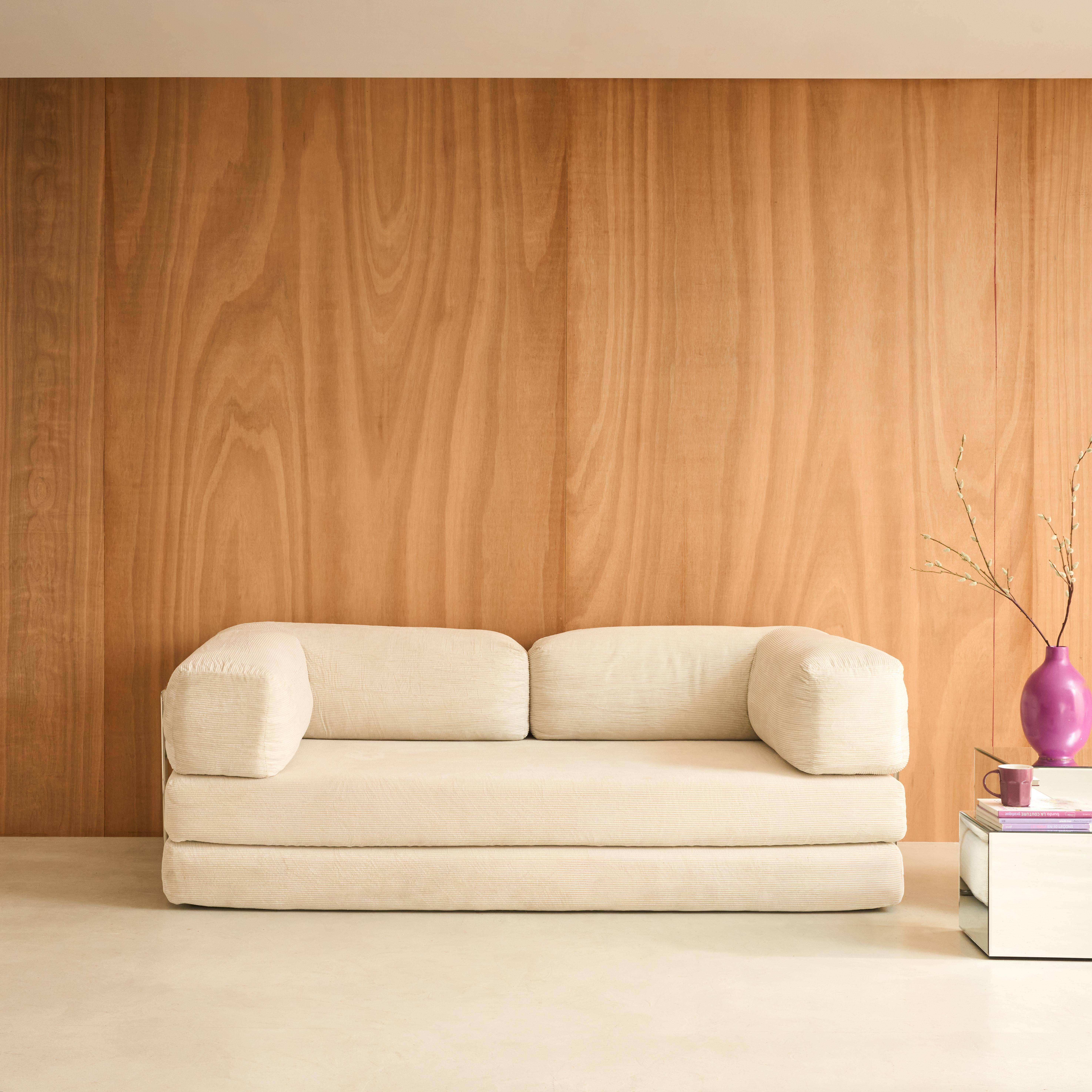 3-Sitzer-Schlafsofa im Vintage-Stil aus Cord, beige, mit verchromtem Außengestell L 200 x T 100 x H 72 cm - Seventies Photo1