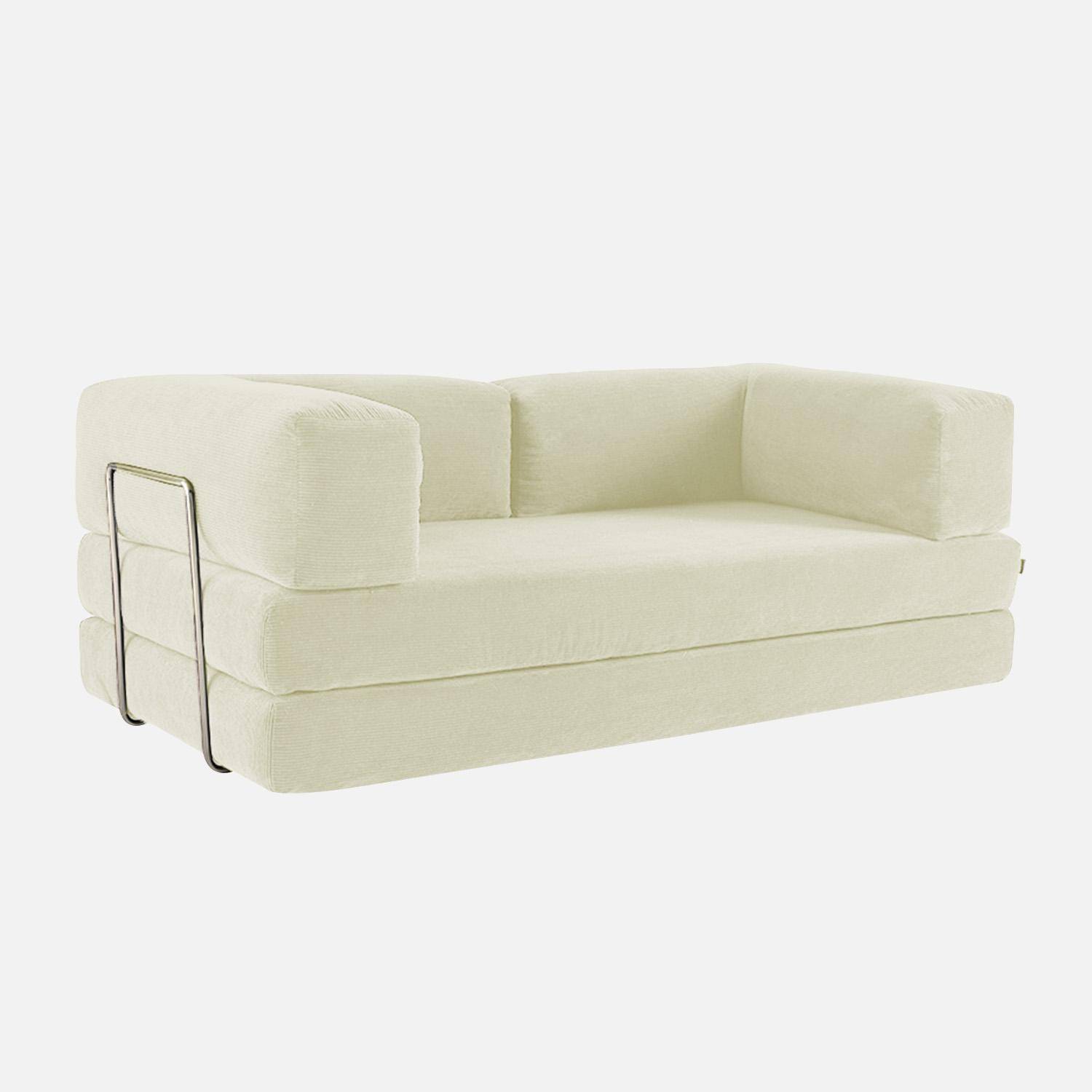 Canapé vintage convertible 3 places en velours côtelé blanc cassé et armatures chromées L 200 x P 100 x H 72cm - Seventies Photo10