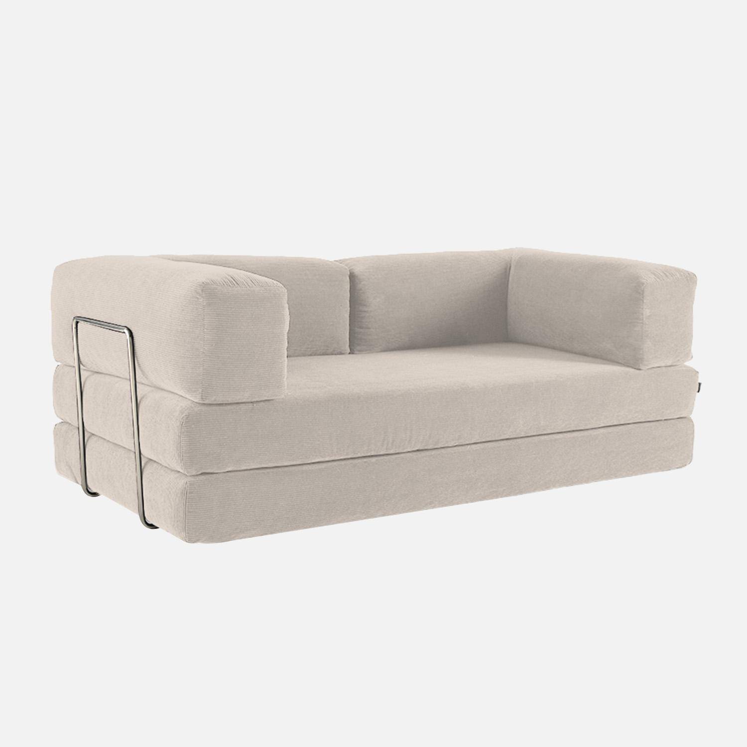 Canapé vintage convertible 3 places en velours côtelé lin et armatures chromées L 200 x P 100 x H 72cm - Seventies,sweeek,Photo11