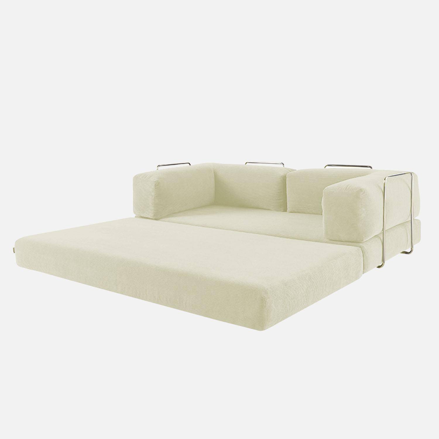 Canapé vintage convertible 3 places en velours côtelé blanc cassé et armatures chromées L 200 x P 100 x H 72cm - Seventies Photo13