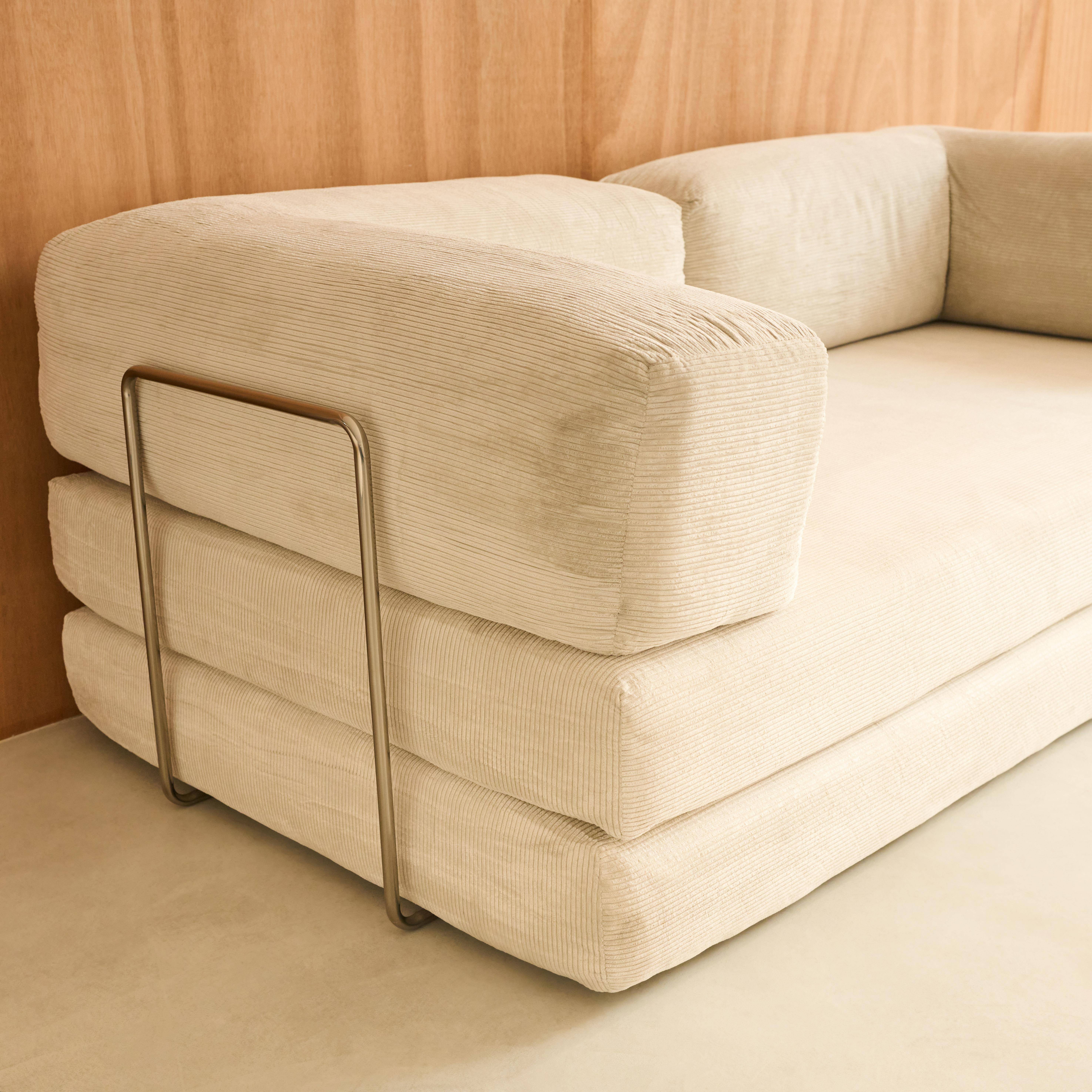 Vintage slaapbank driezits in corduroy met chromen frame gebroken wit 200x100x72cm - Seventies,sweeek,Photo5