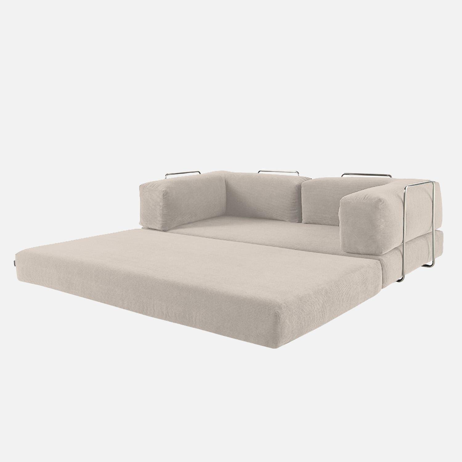 Canapé vintage convertible 3 places en velours côtelé lin et armatures chromées L 200 x P 100 x H 72cm - Seventies Photo4