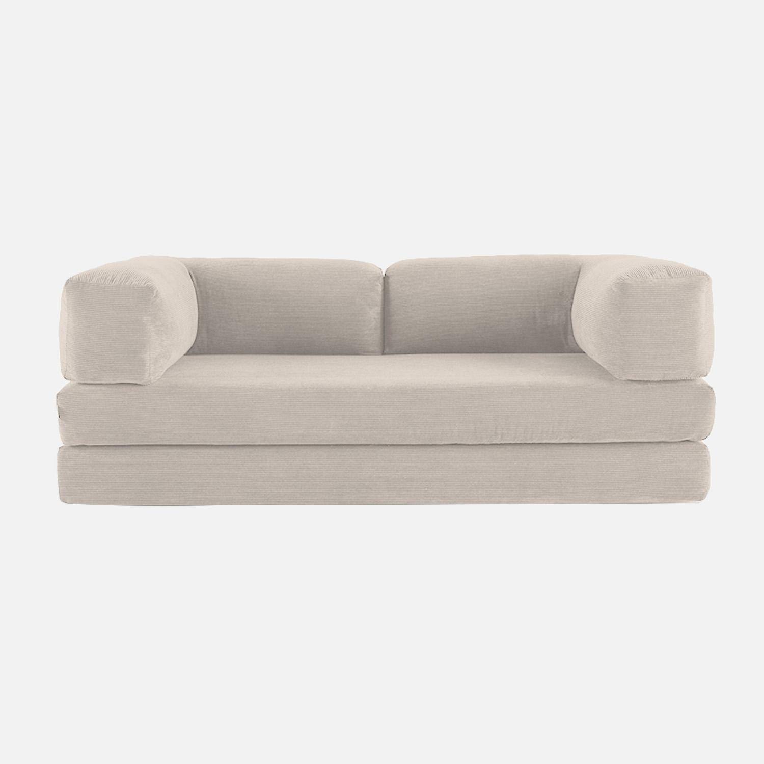 Canapé vintage convertible 3 places en velours côtelé lin et armatures chromées L 200 x P 100 x H 72cm - Seventies,sweeek,Photo2