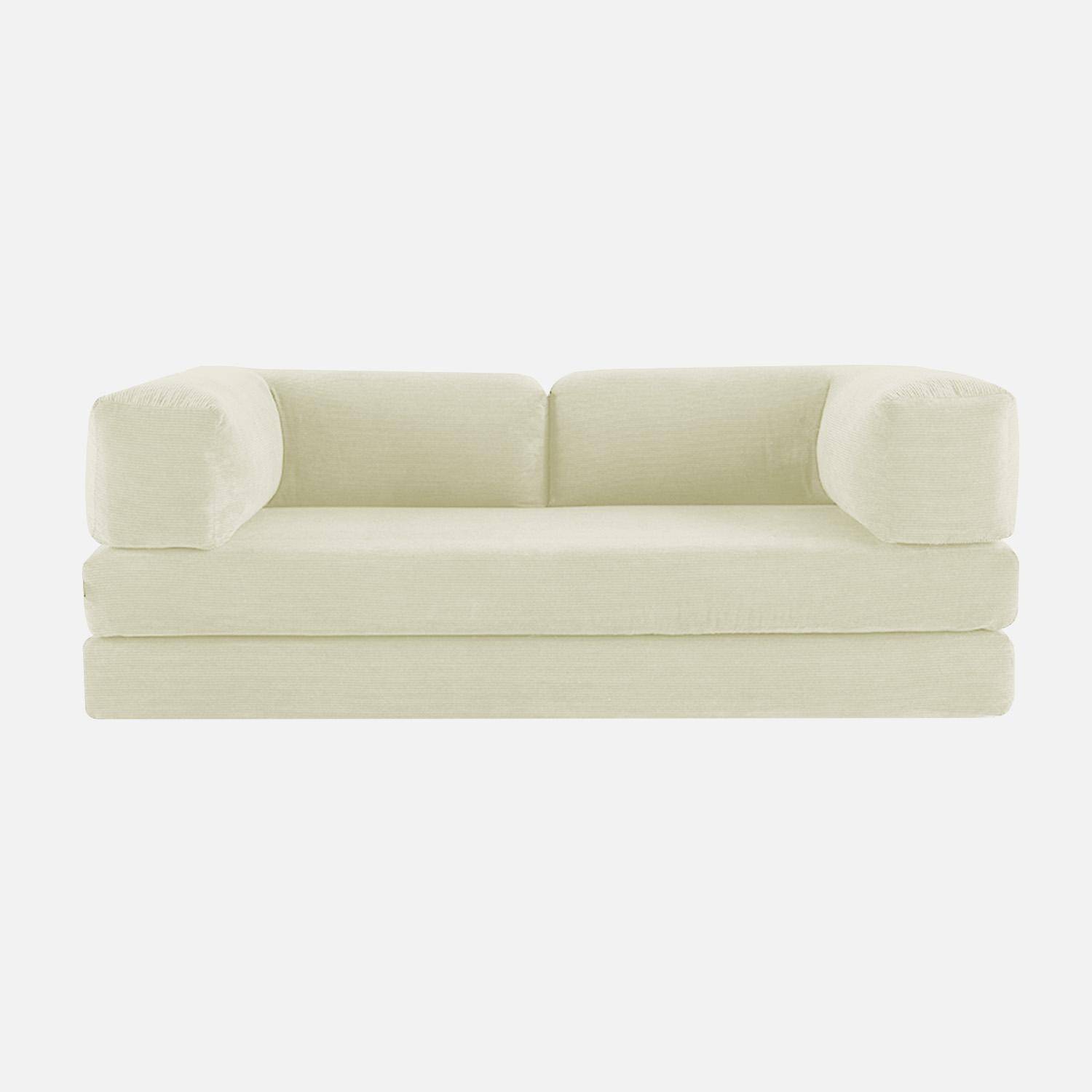 Canapé vintage convertible 3 places en velours côtelé blanc cassé et armatures chromées L 200 x P 100 x H 72cm - Seventies Photo11