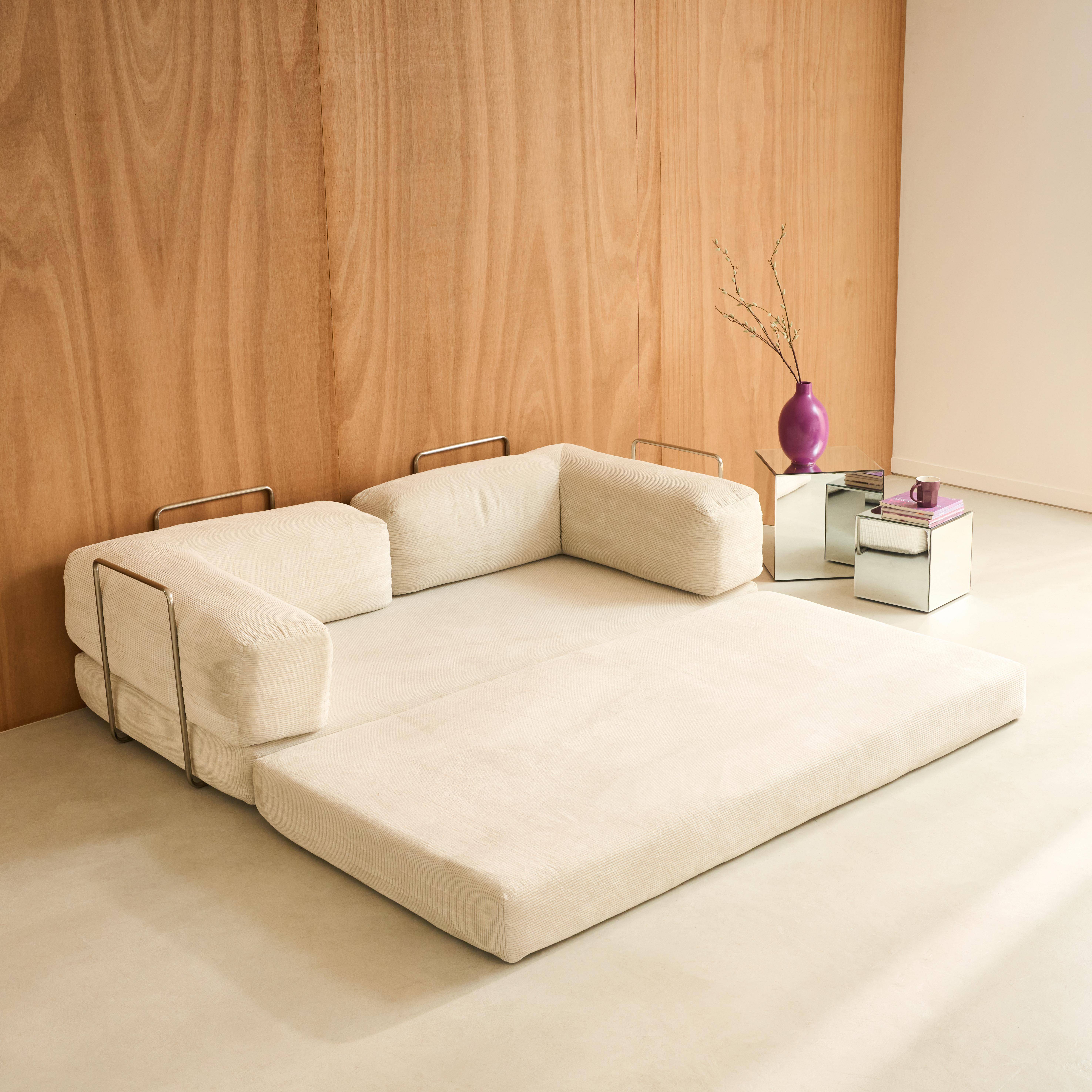 3-Sitzer-Schlafsofa im Vintage-Stil aus Cord, beige, mit verchromtem Außengestell L 200 x T 100 x H 72 cm - Seventies Photo7