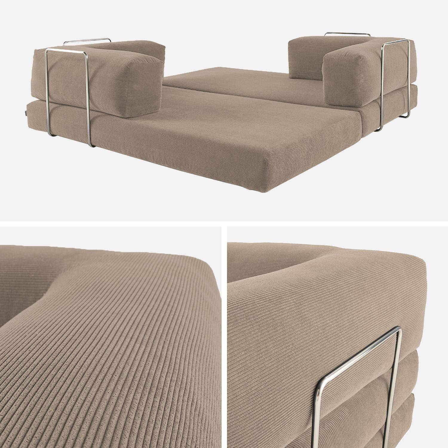 Canapé vintage convertible 3 places en velours côtelé taupe et armatures chromées L 200 x P 100 x H 72cm - Seventies Photo5