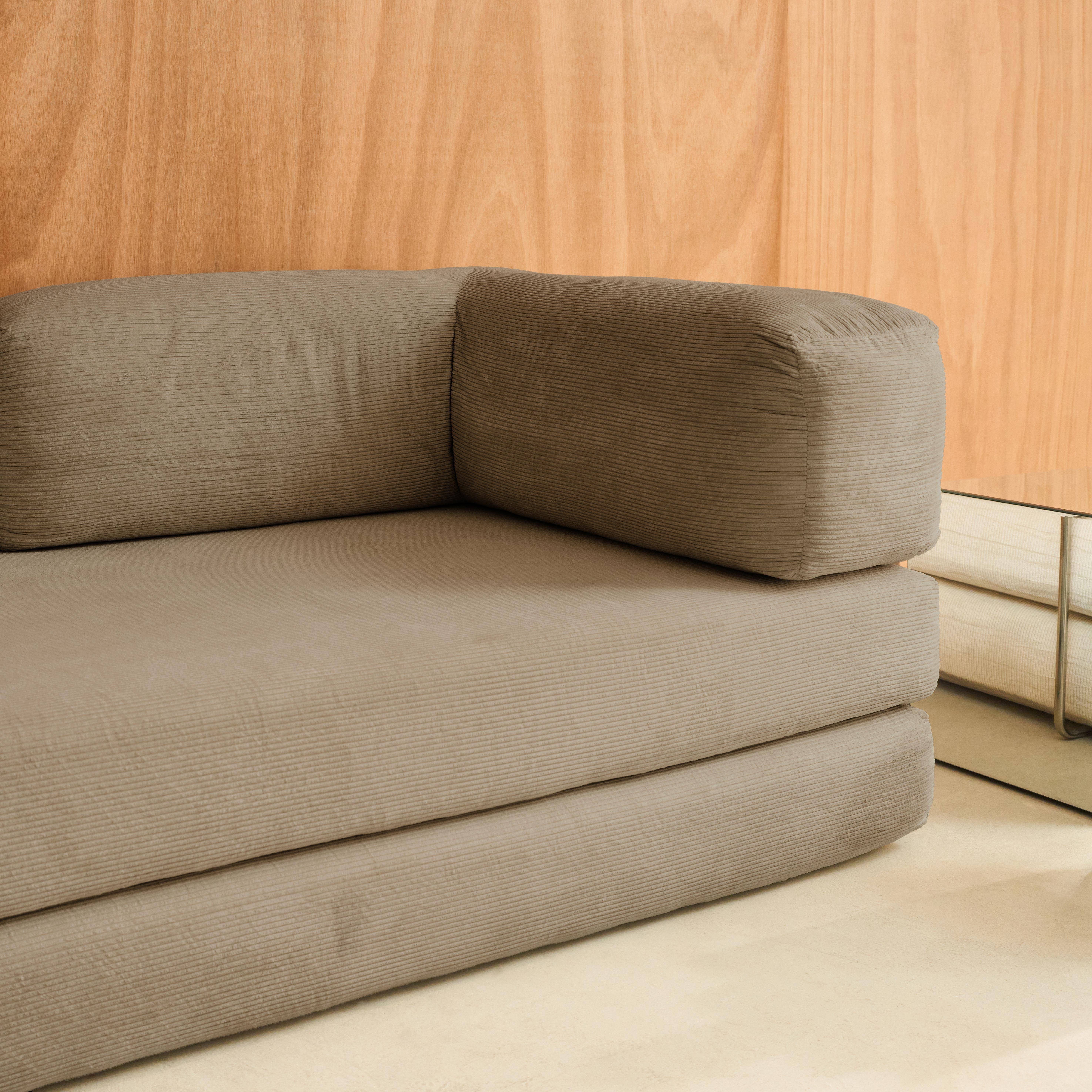 Canapé vintage convertible 3 places en velours côtelé taupe et armatures chromées L 200 x P 100 x H 72cm - Seventies Photo8