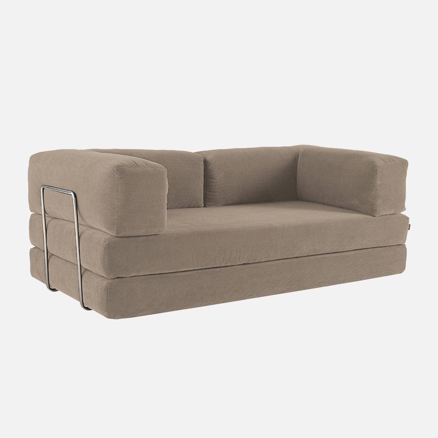 Canapé vintage convertible 3 places en velours côtelé taupe et armatures chromées L 200 x P 100 x H 72cm - Seventies Photo1