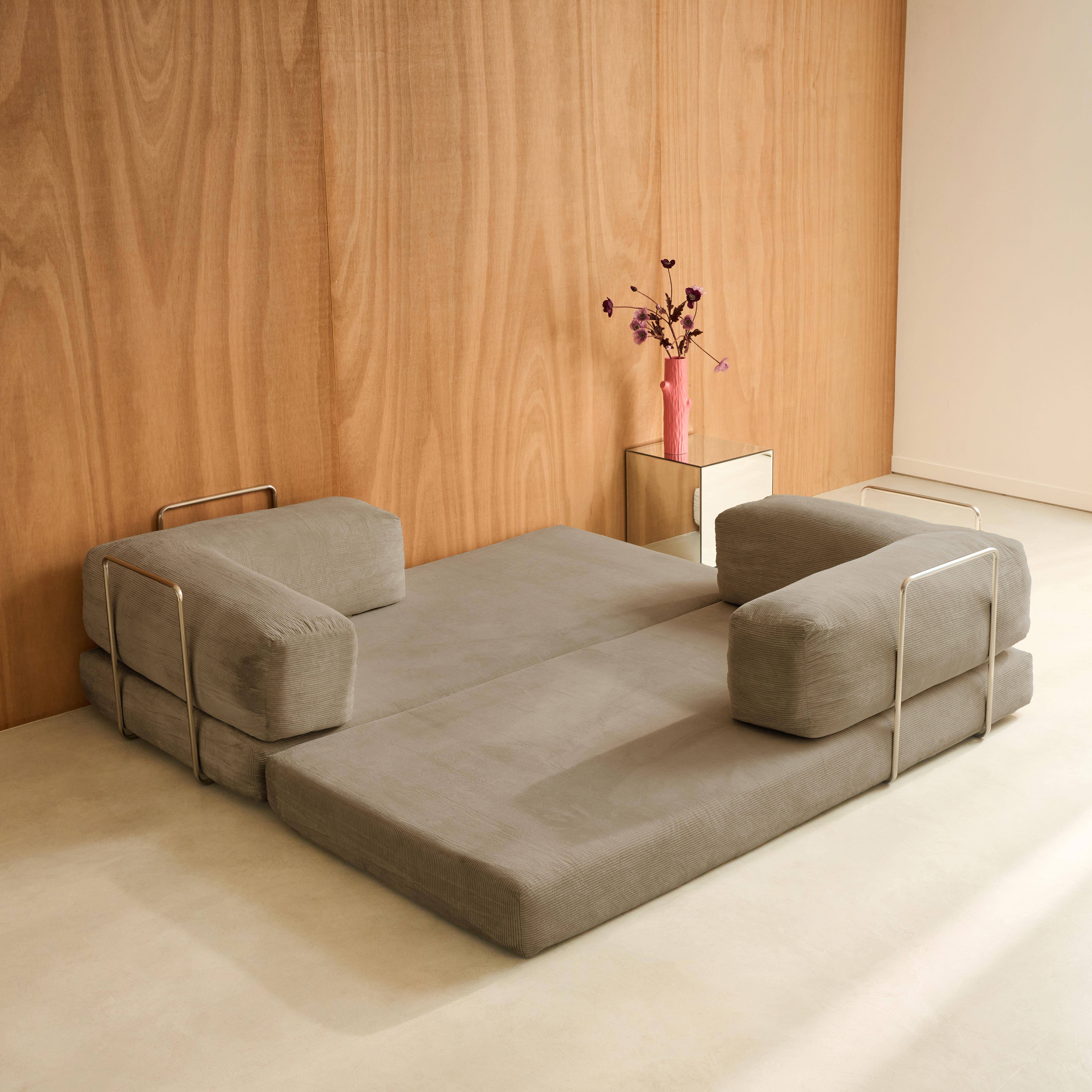 Canapé vintage convertible 3 places en velours côtelé taupe et armatures chromées L 200 x P 100 x H 72cm - Seventies,sweeek,Photo7