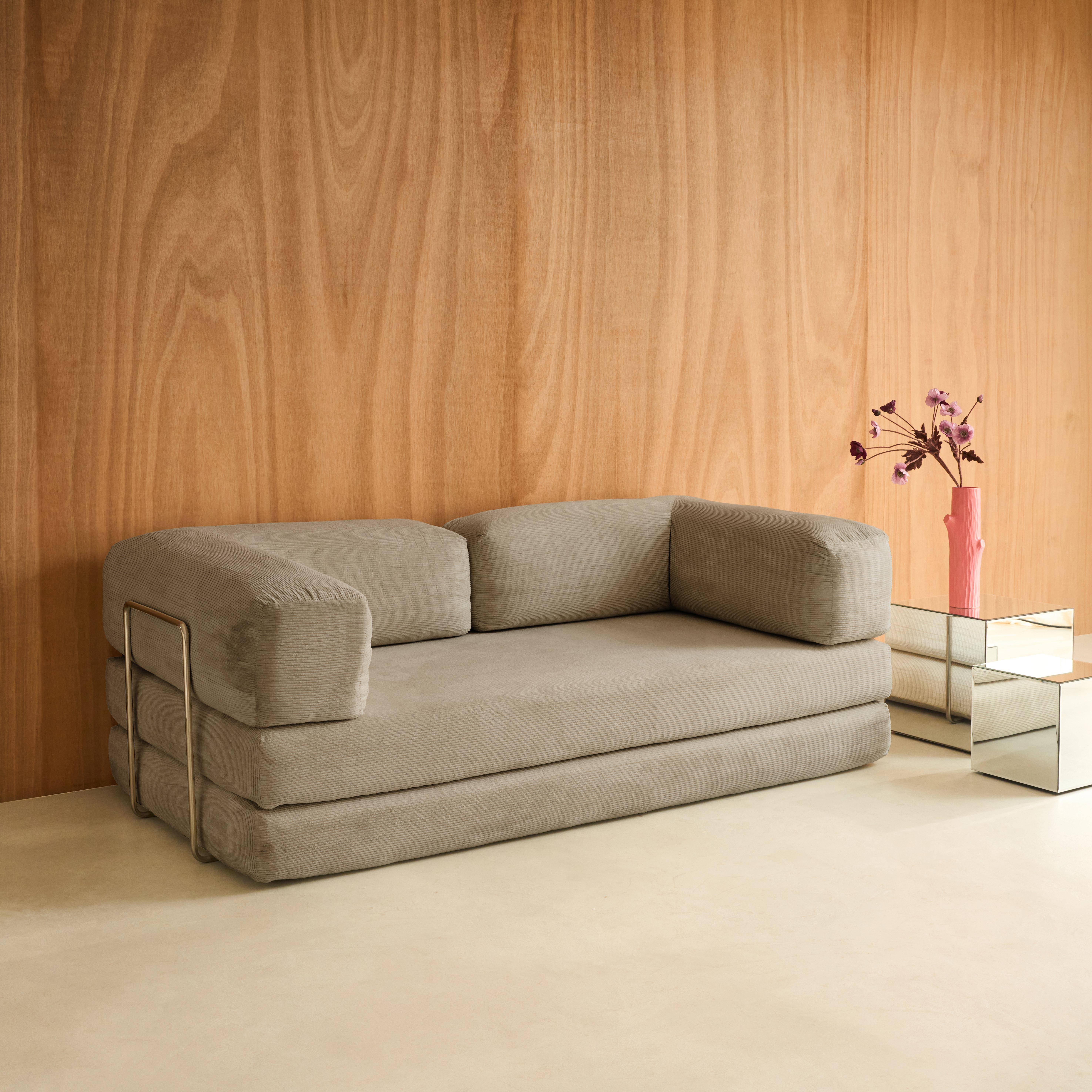 Canapé vintage convertible 3 places en velours côtelé taupe et armatures chromées L 200 x P 100 x H 72cm - Seventies Photo1