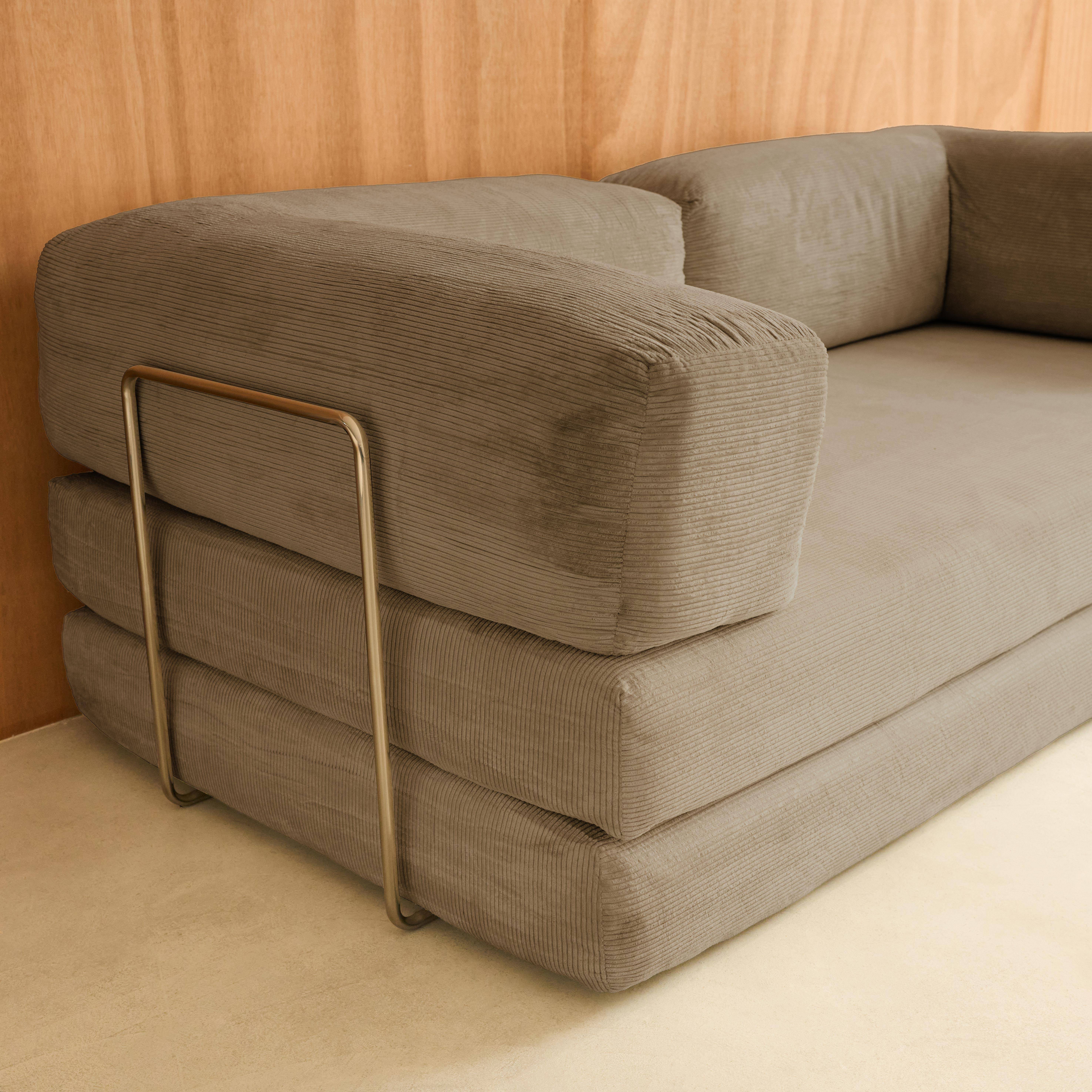 Canapé vintage convertible 3 places en velours côtelé taupe et armatures chromées L 200 x P 100 x H 72cm - Seventies,sweeek,Photo4