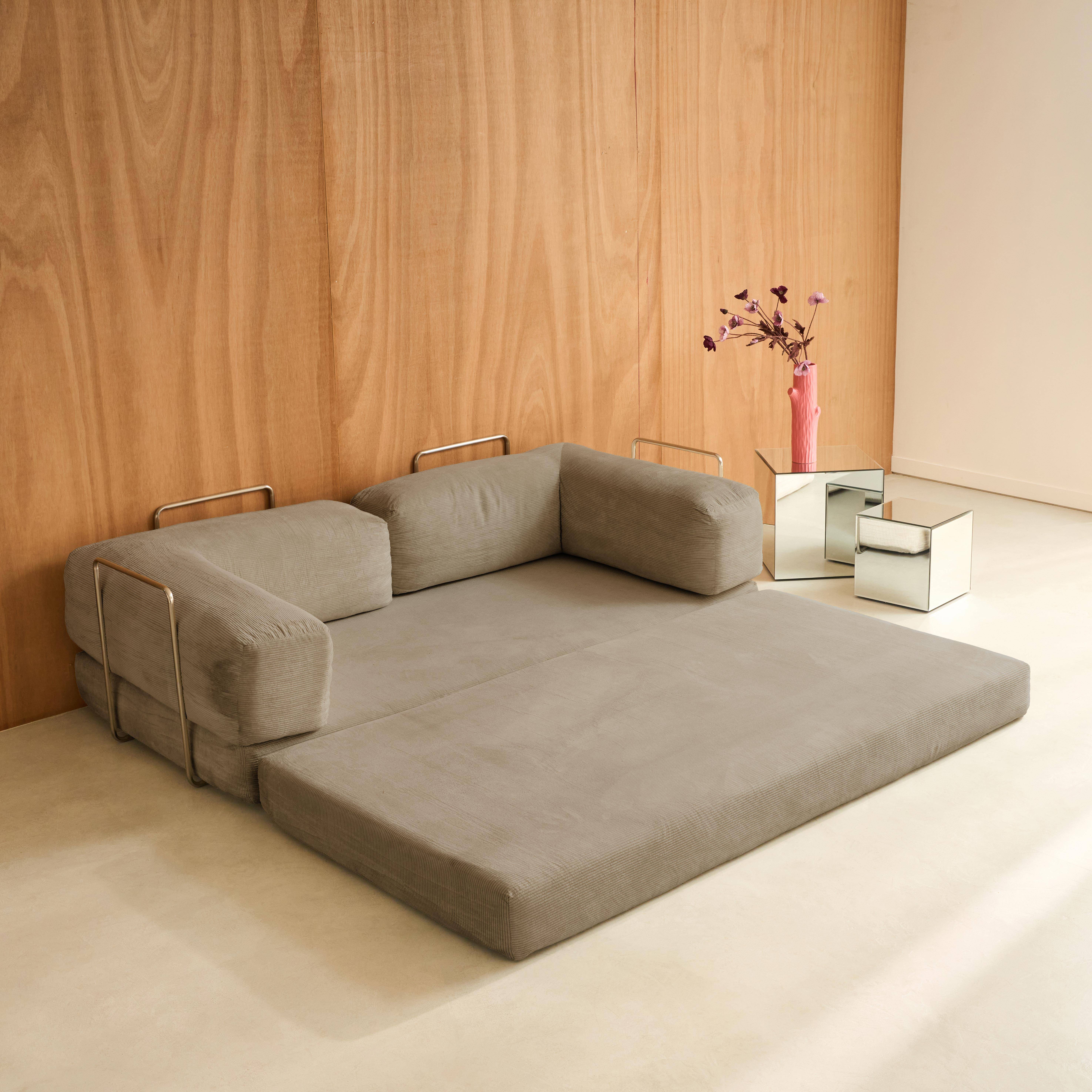 Canapé vintage convertible 3 places en velours côtelé taupe et armatures chromées L 200 x P 100 x H 72cm - Seventies Photo6