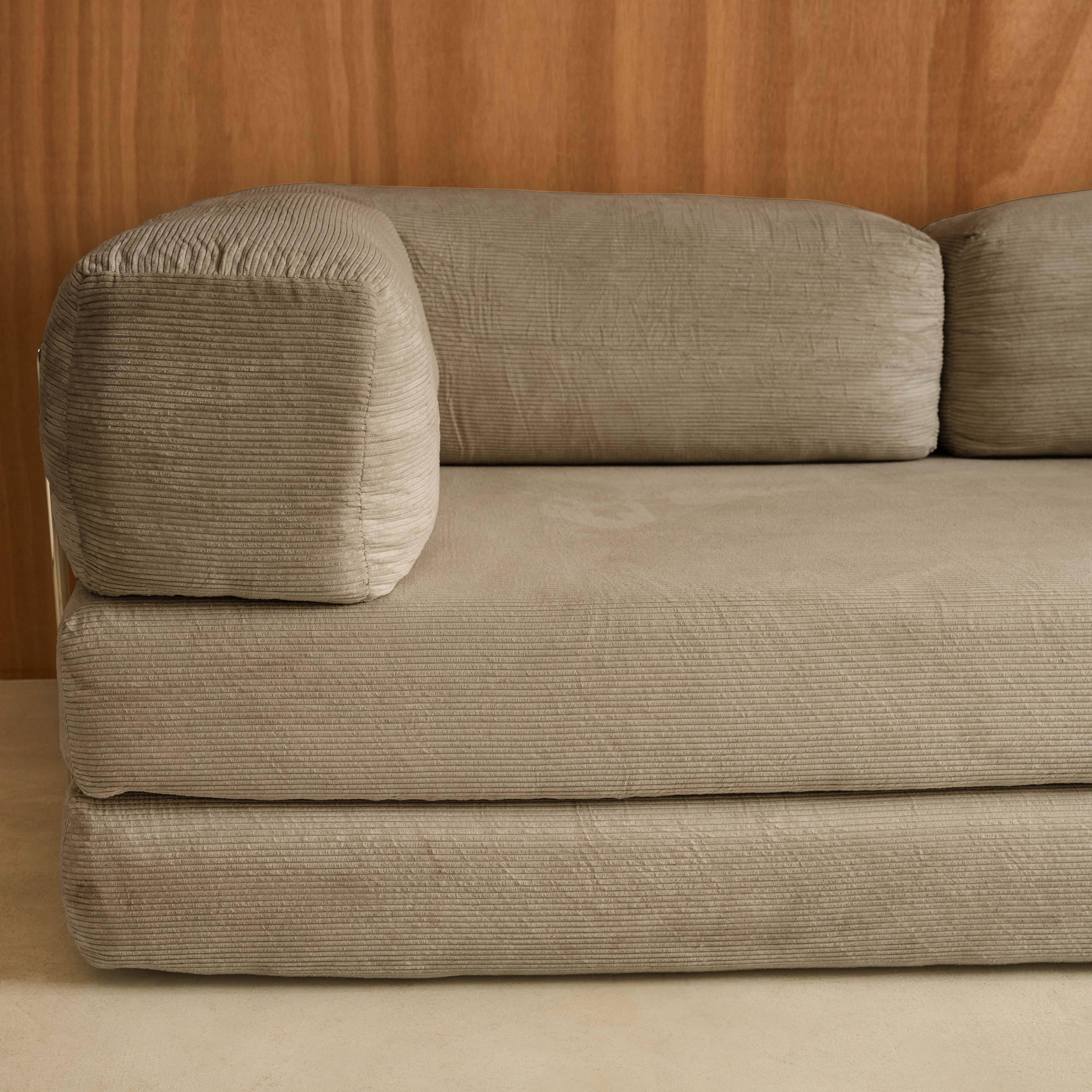 Canapé vintage convertible 3 places en velours côtelé taupe et armatures chromées L 200 x P 100 x H 72cm - Seventies,sweeek,Photo3