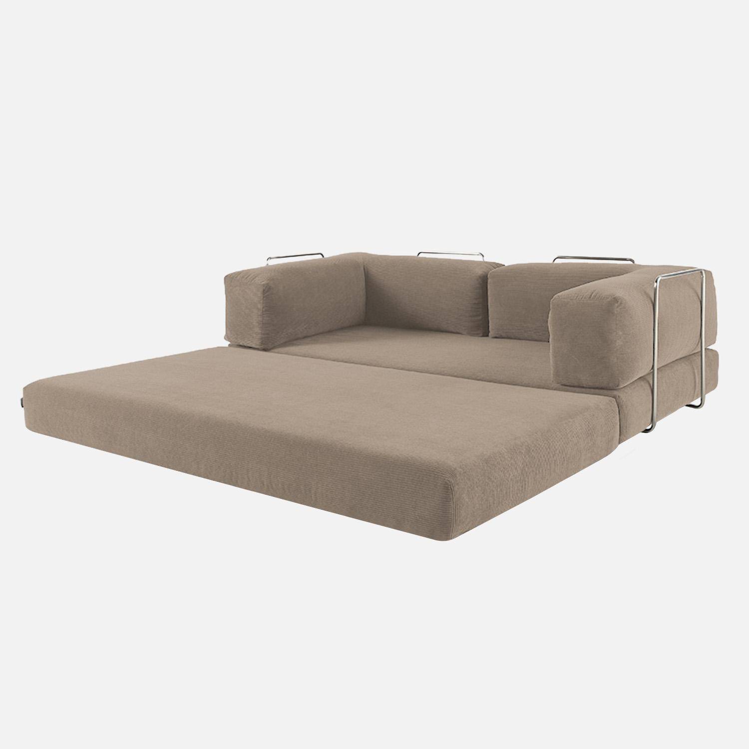 Canapé vintage convertible 3 places en velours côtelé taupe et armatures chromées L 200 x P 100 x H 72cm - Seventies Photo4