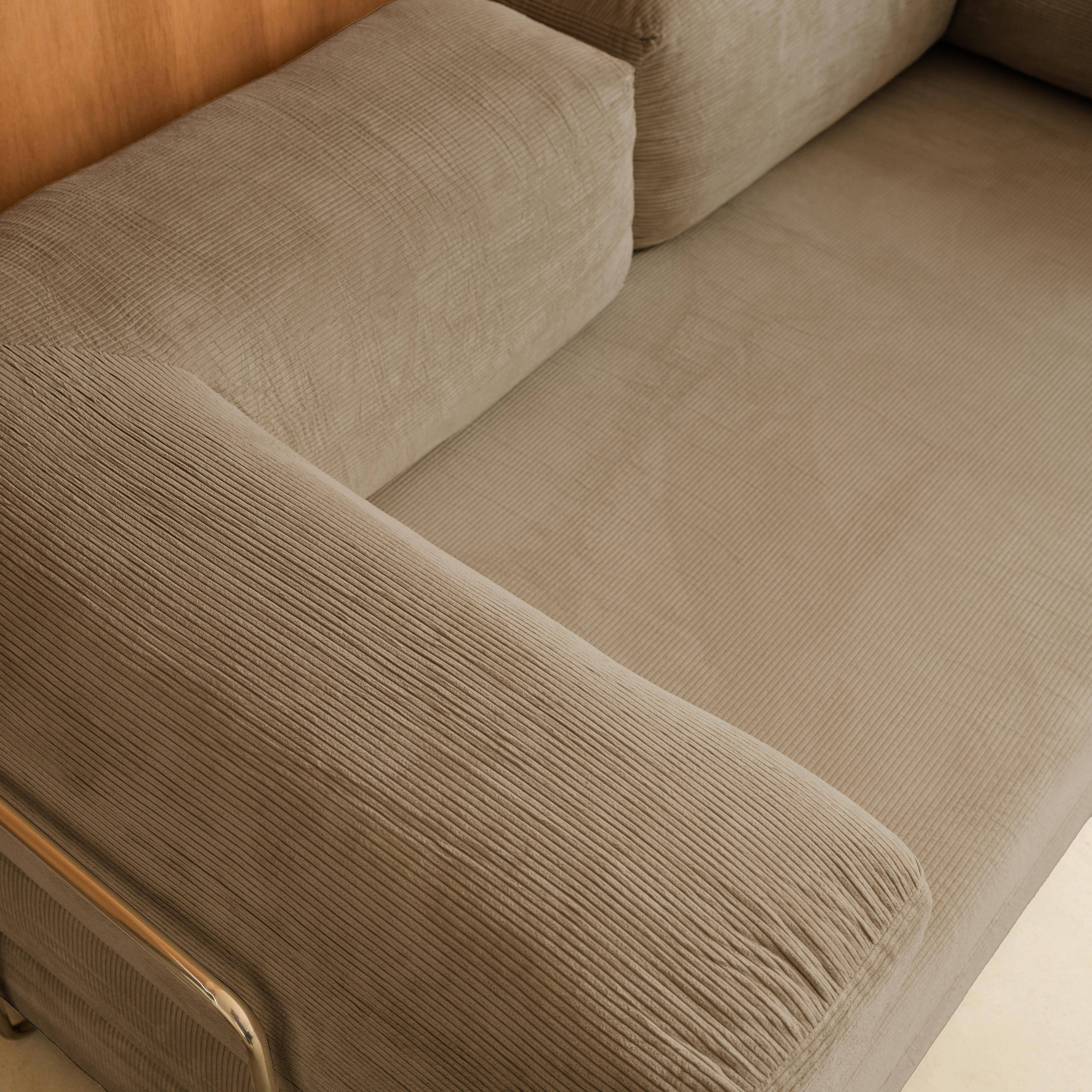 Canapé vintage convertible 3 places en velours côtelé taupe et armatures chromées L 200 x P 100 x H 72cm - Seventies Photo5