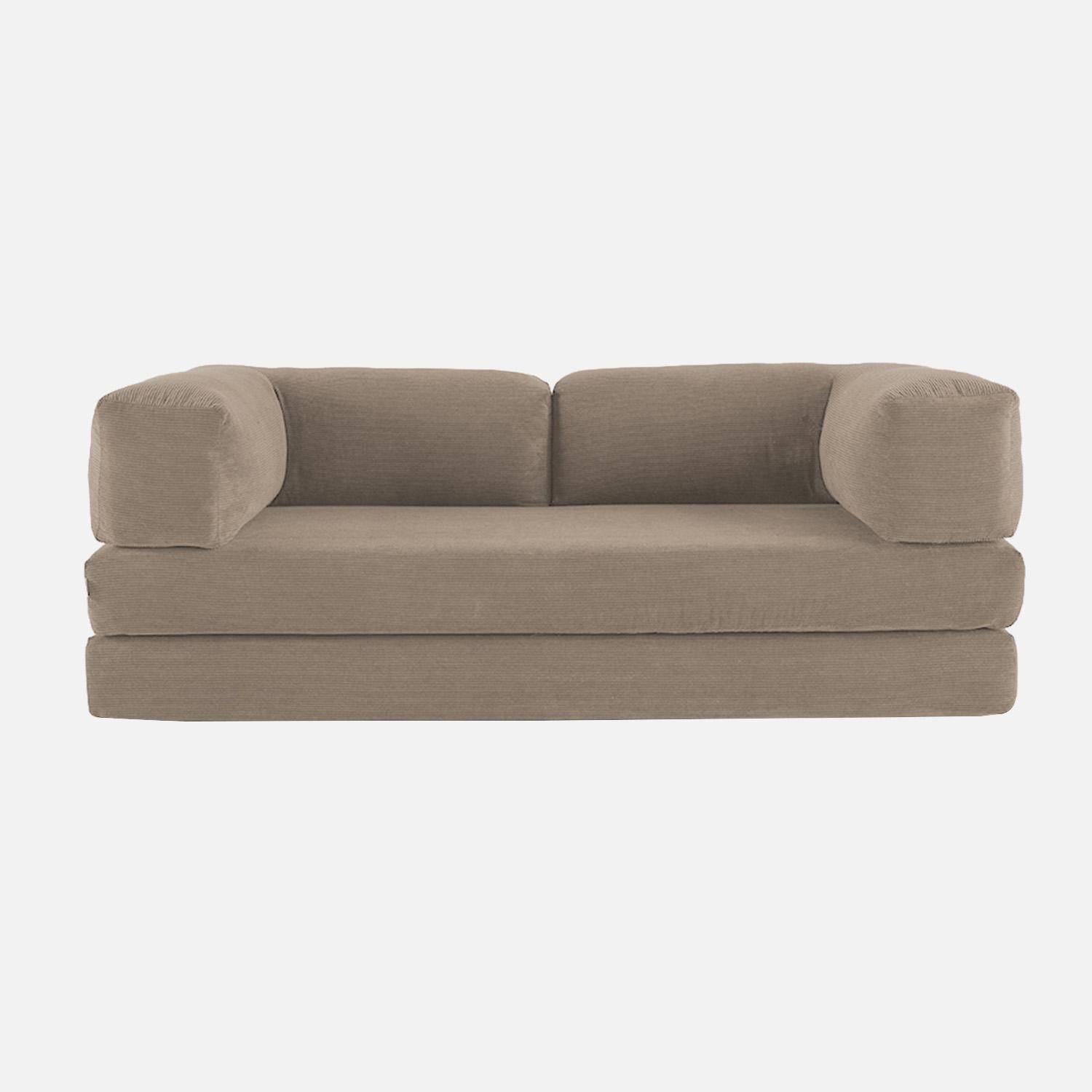 Canapé vintage convertible 3 places en velours côtelé taupe et armatures chromées L 200 x P 100 x H 72cm - Seventies,sweeek,Photo2