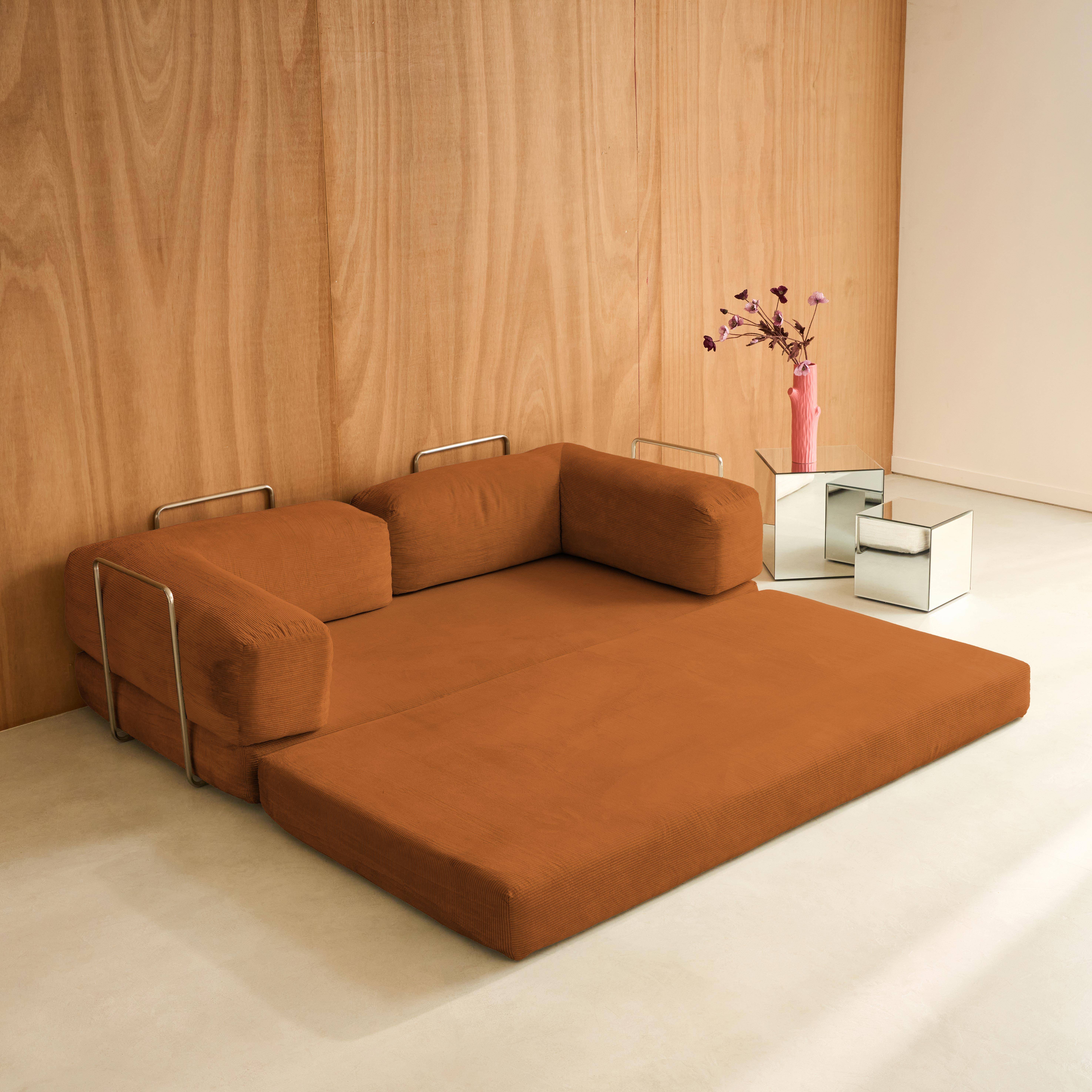 Sofá cama con futón plegable en pana y estructura cromada, 3 plazas, Seventies, Terracotta, 200x100x72 cm Photo6