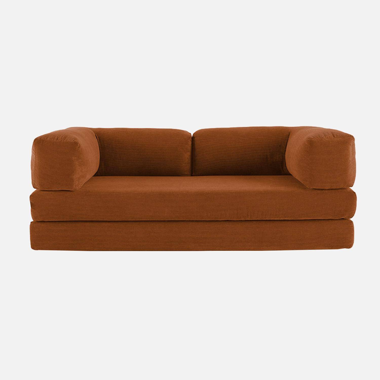 Canapé vintage convertible 3 places en velours côtelé terracotta et armatures chromées L 200 x P 100 x H 72cm - Seventies,sweeek,Photo2